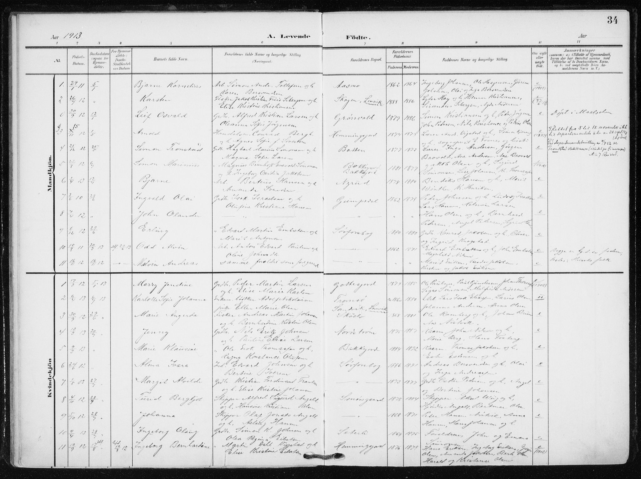Tranøy sokneprestkontor, SATØ/S-1313/I/Ia/Iaa/L0012kirke: Parish register (official) no. 12, 1905-1918, p. 34