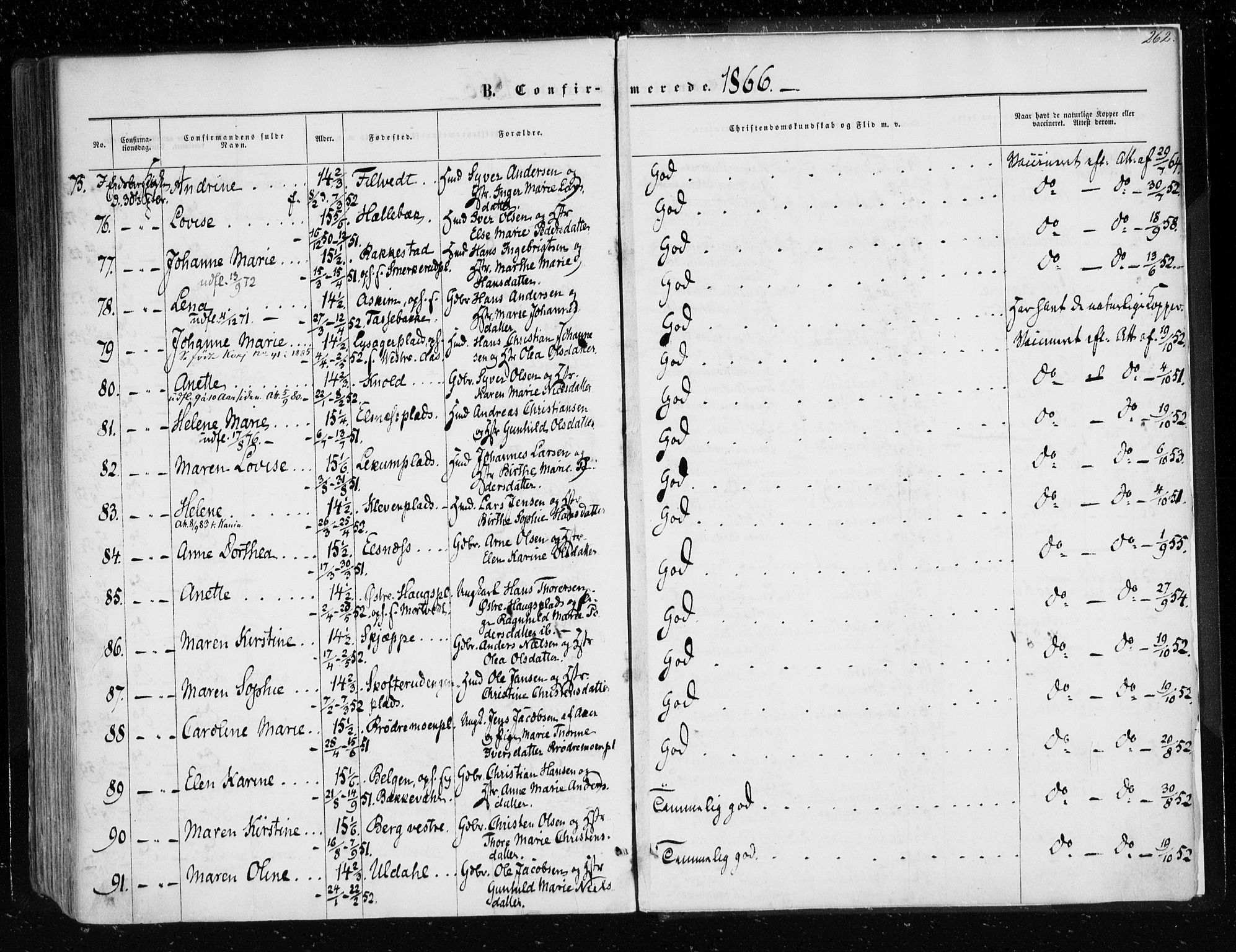 Eidsberg prestekontor Kirkebøker, AV/SAO-A-10905/F/Fa/L0010.a: Parish register (official) no. I 10A, 1857-1866, p. 262