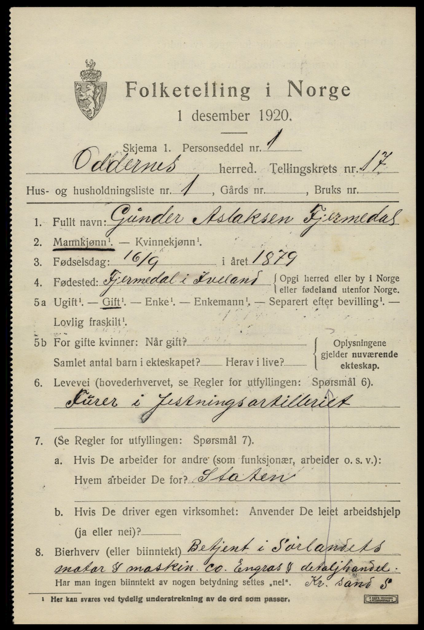 SAK, 1920 census for Oddernes, 1920, p. 12491