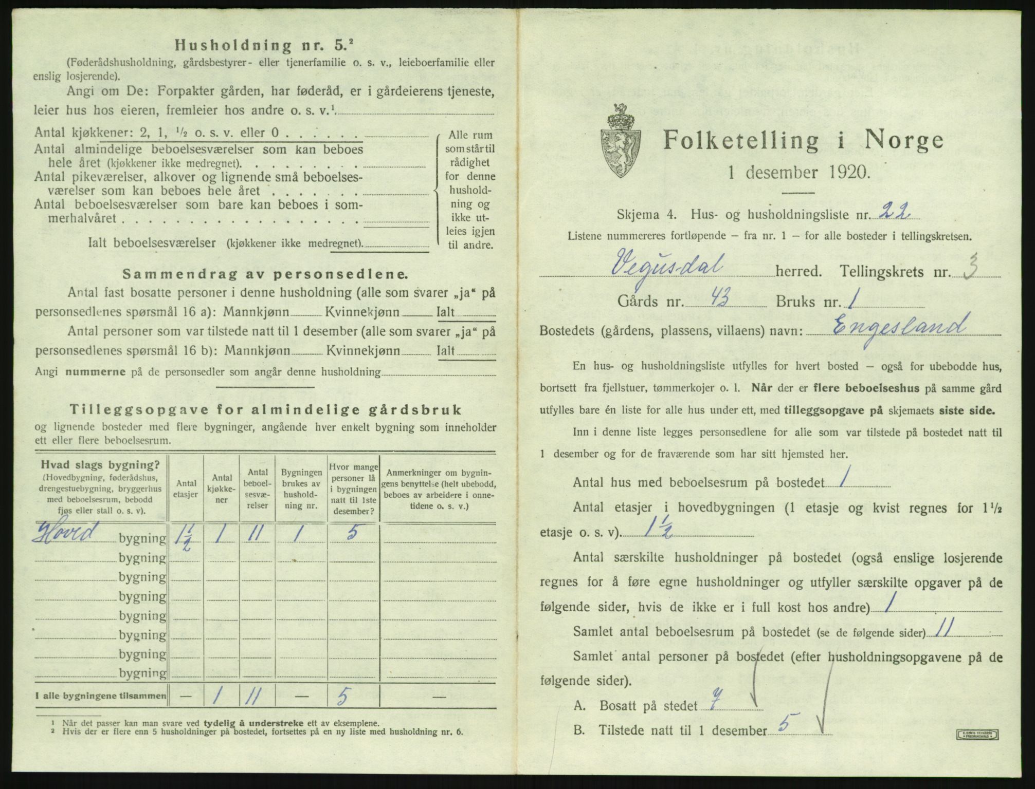 SAK, 1920 census for Vegusdal, 1920, p. 159