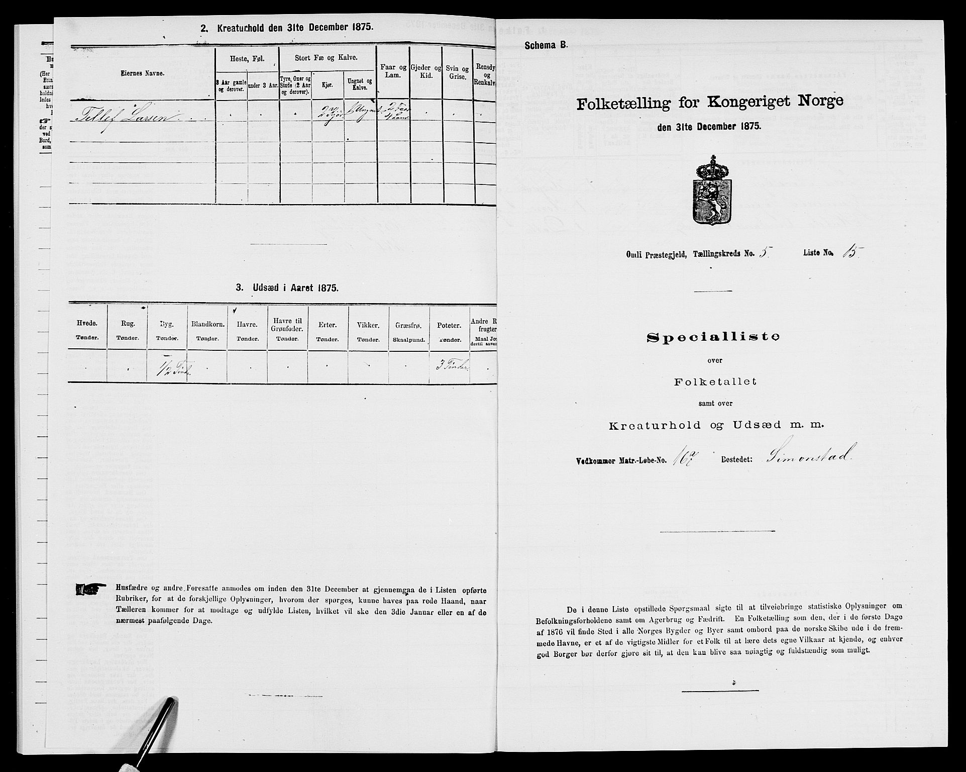 SAK, 1875 census for 0929P Åmli, 1875, p. 424