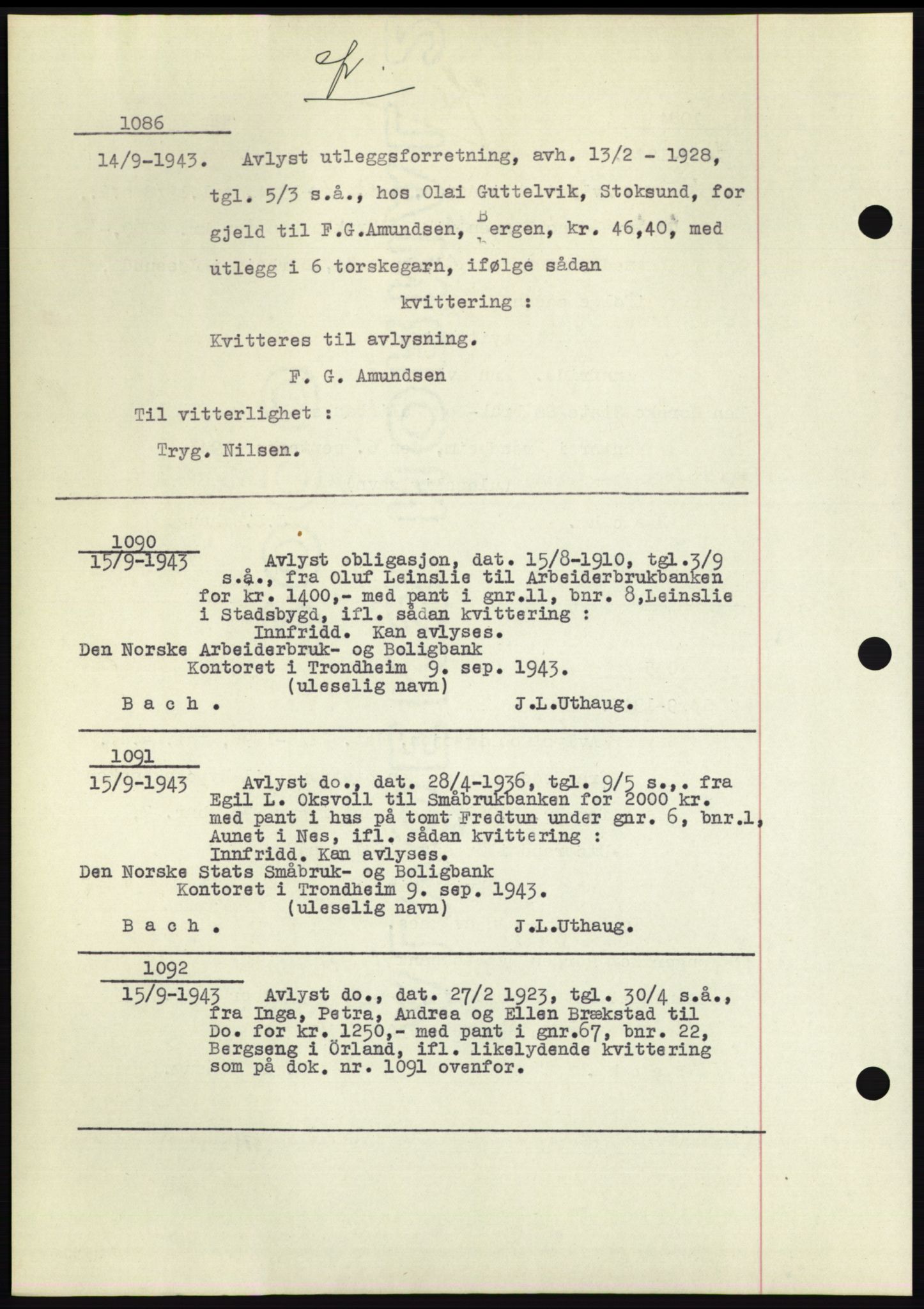 Fosen sorenskriveri, AV/SAT-A-1107/1/2/2C: Mortgage book no. B1, 1943-1946, Diary no: : 1086/1943