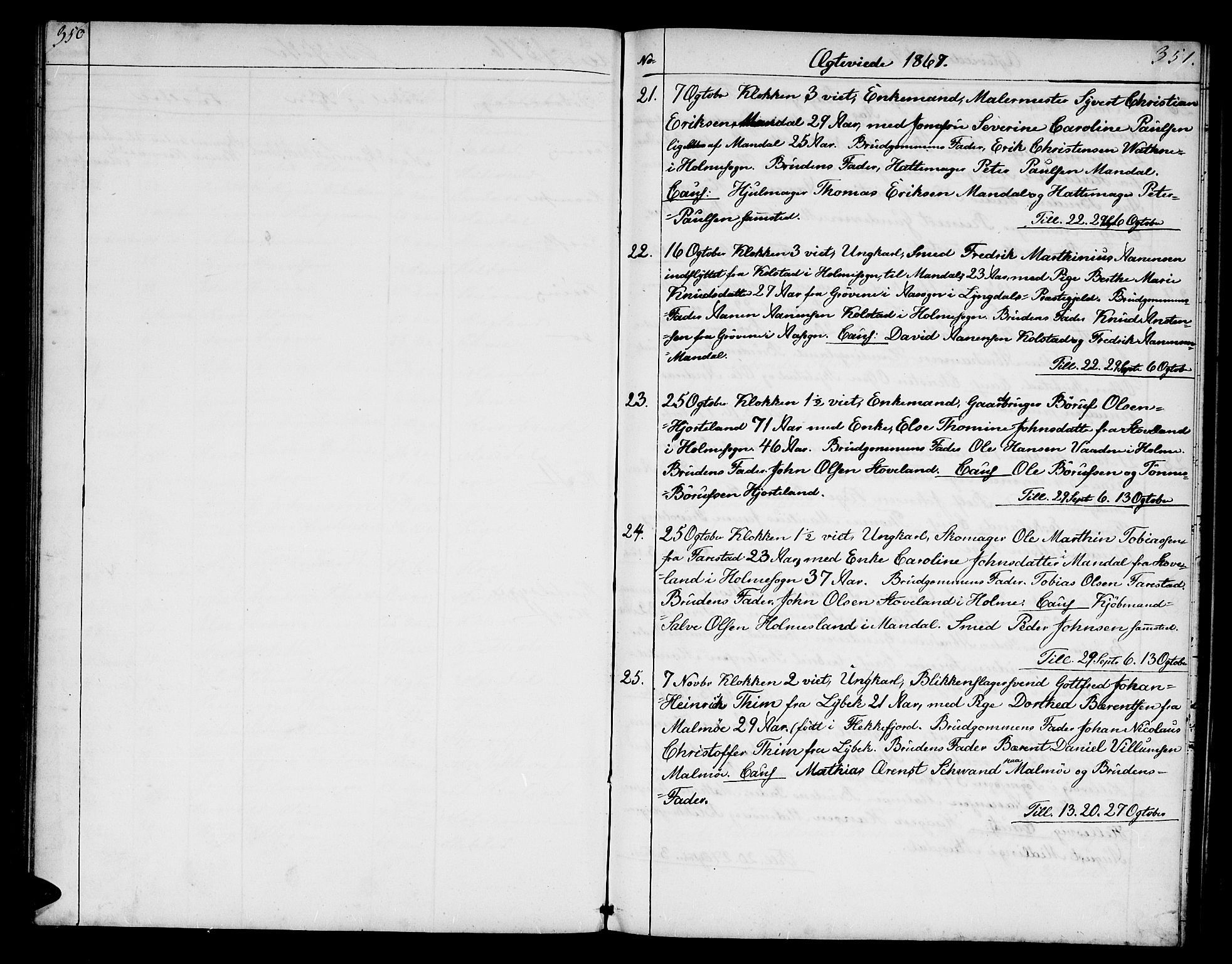 Mandal sokneprestkontor, SAK/1111-0030/F/Fb/Fba/L0009: Parish register (copy) no. B 3, 1867-1877, p. 350-351