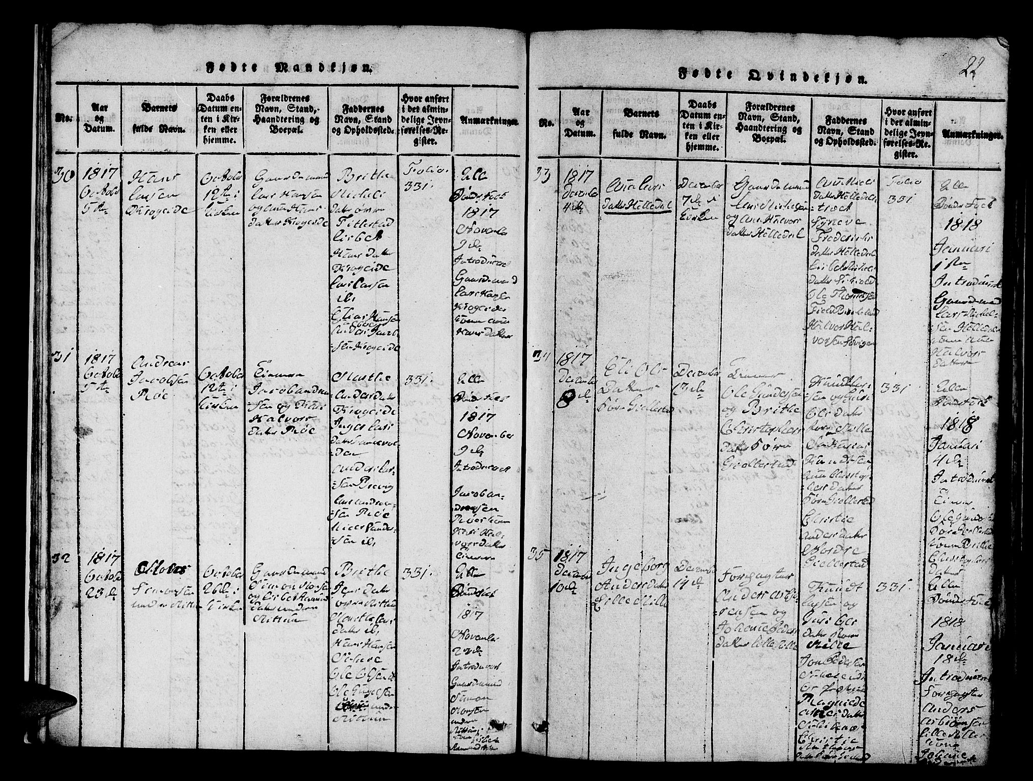 Fana Sokneprestembete, AV/SAB-A-75101/H/Hab/Haba/L0001: Parish register (copy) no. A 1, 1816-1836, p. 22