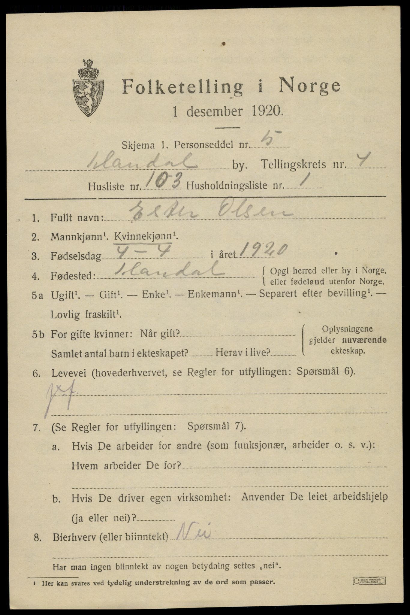 SAK, 1920 census for Mandal, 1920, p. 8139