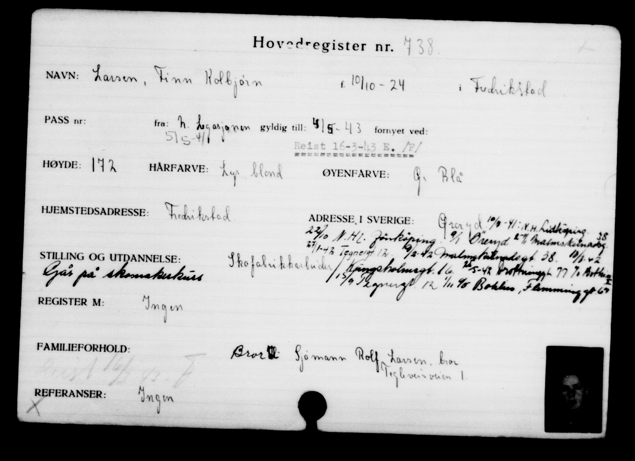 Utenriksstasjonene, Legasjonen i Stockholm, Flyktningkontoret, AV/RA-S-6753/V/Va/L0001: Kjesäterkartoteket, flyktninger med registreringsnr. 1-1000, 1940-1945, p. 1159
