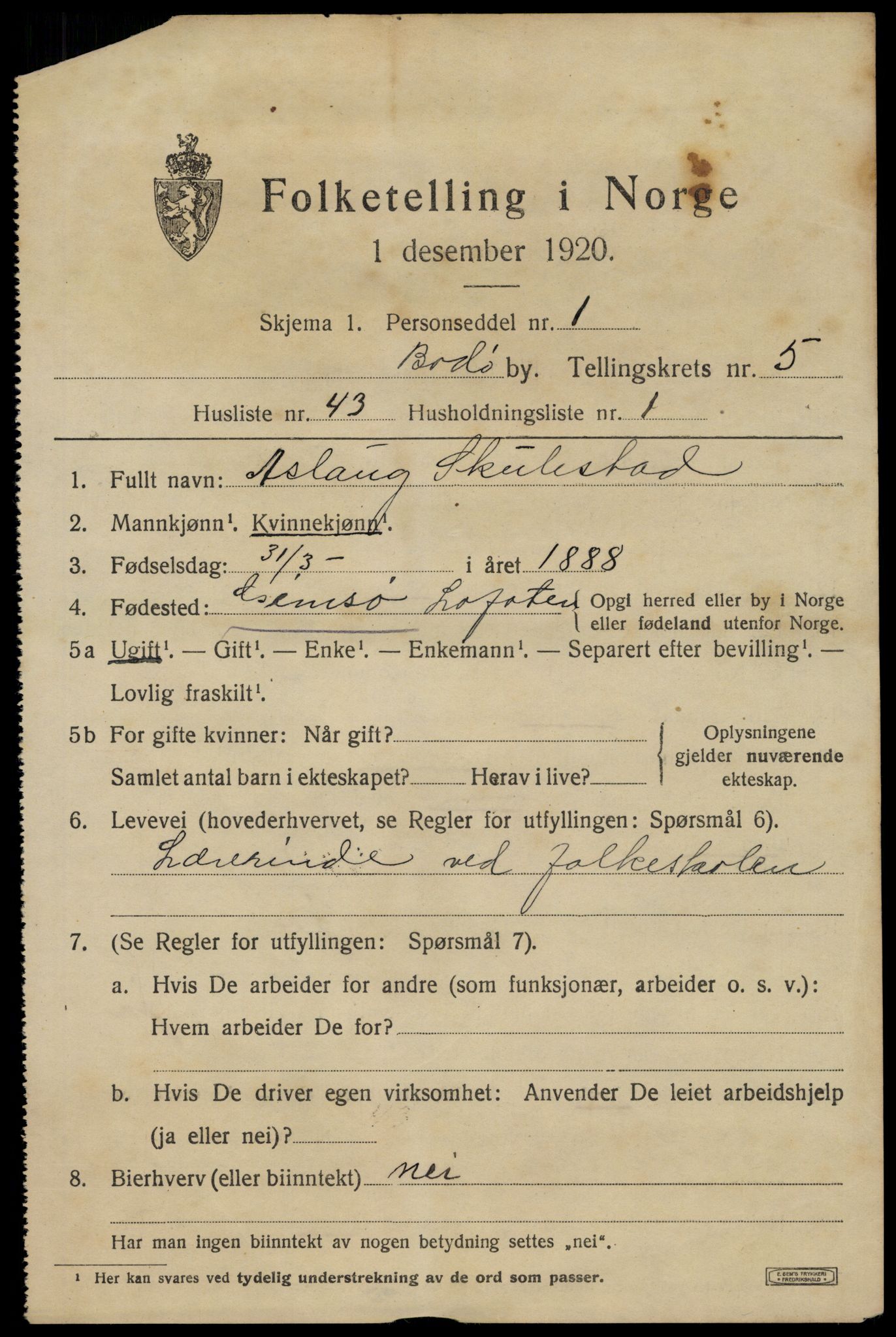 SAT, 1920 census for Bodø, 1920, p. 9431