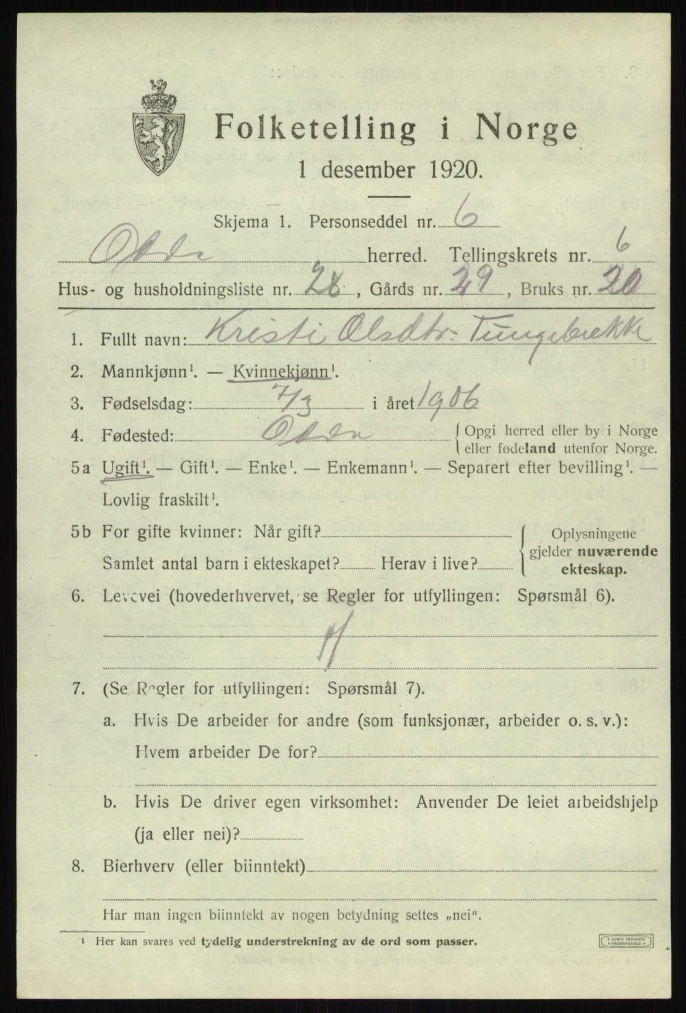 SAB, 1920 census for Odda, 1920, p. 4869