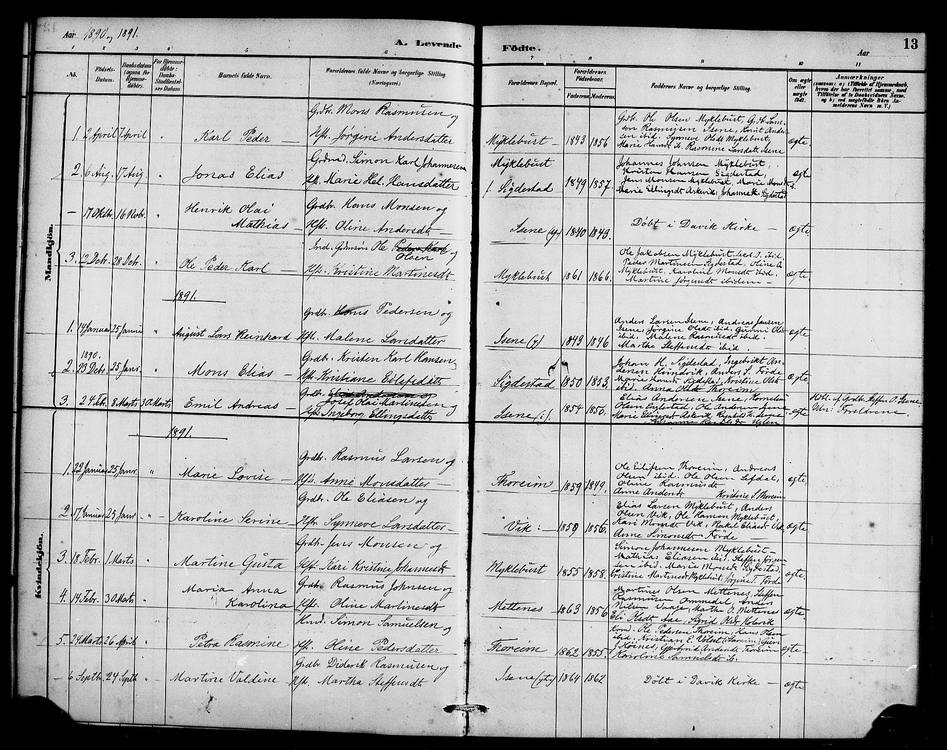 Davik sokneprestembete, SAB/A-79701/H/Haa/Haae/L0001: Parish register (official) no. E 1, 1882-1900, p. 13