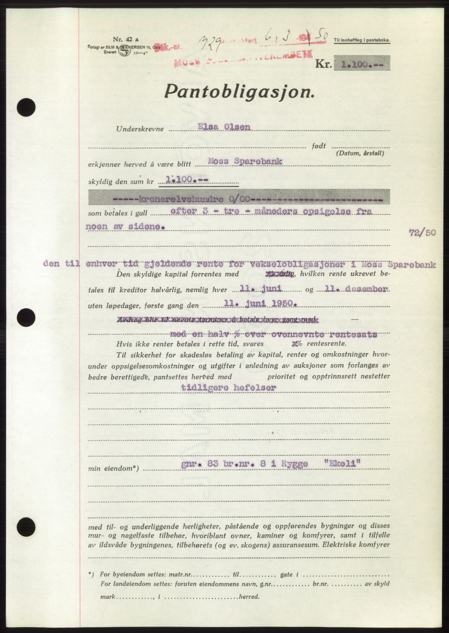Moss sorenskriveri, SAO/A-10168: Mortgage book no. B23, 1949-1950, Diary no: : 729/1950
