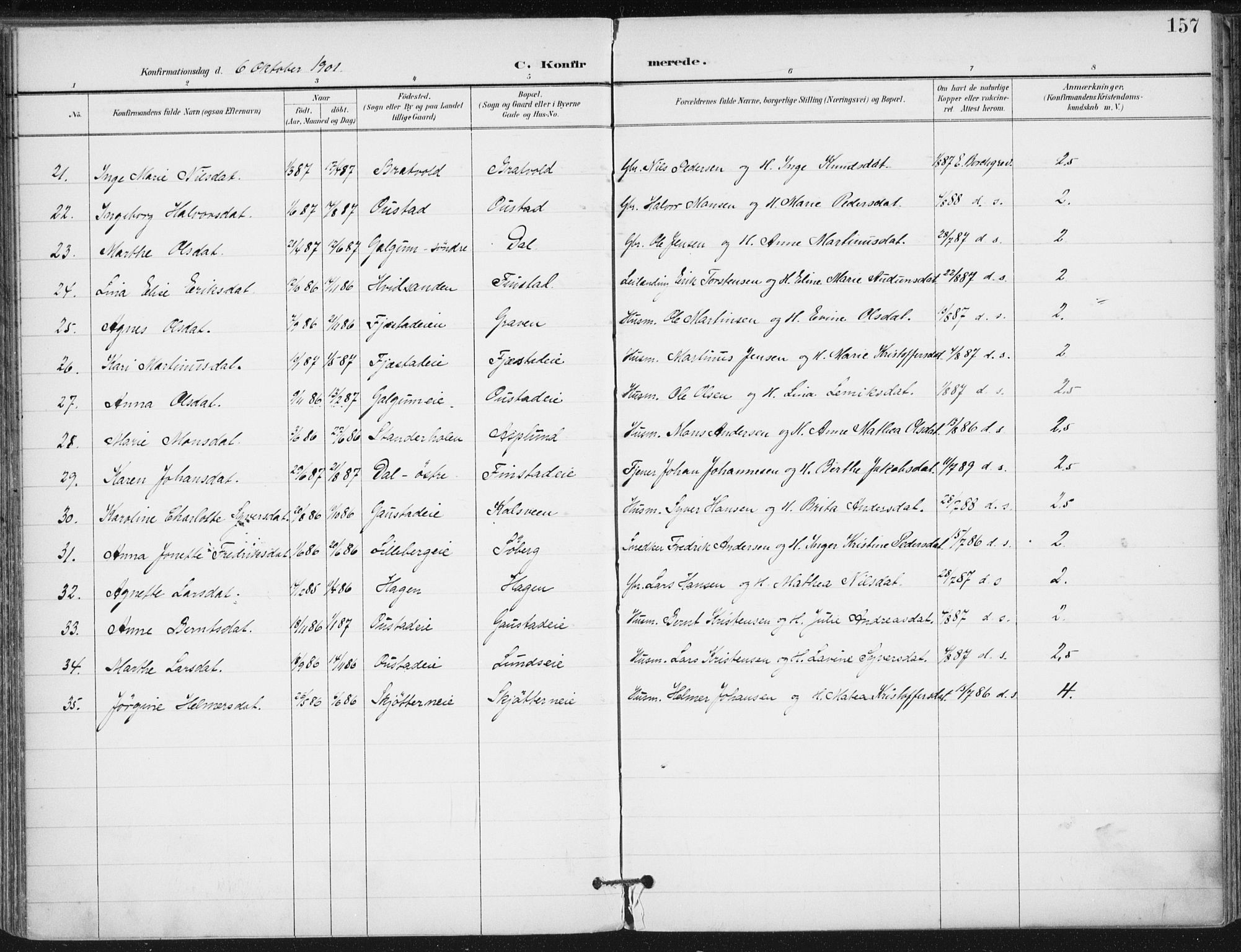 Romedal prestekontor, AV/SAH-PREST-004/K/L0011: Parish register (official) no. 11, 1896-1912, p. 157