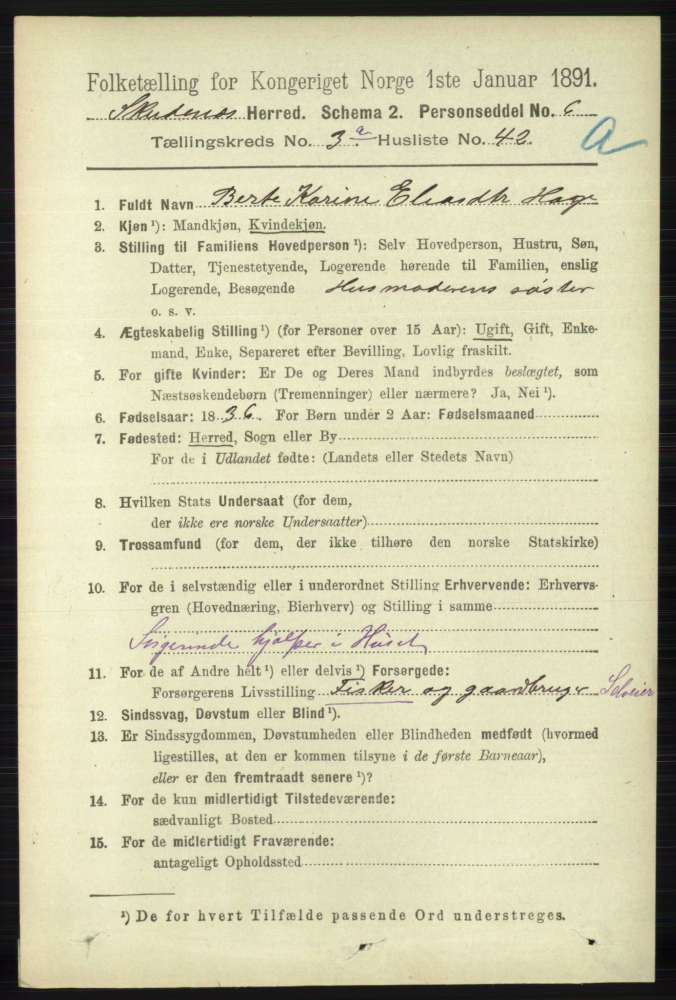 RA, 1891 census for 1150 Skudenes, 1891, p. 1609