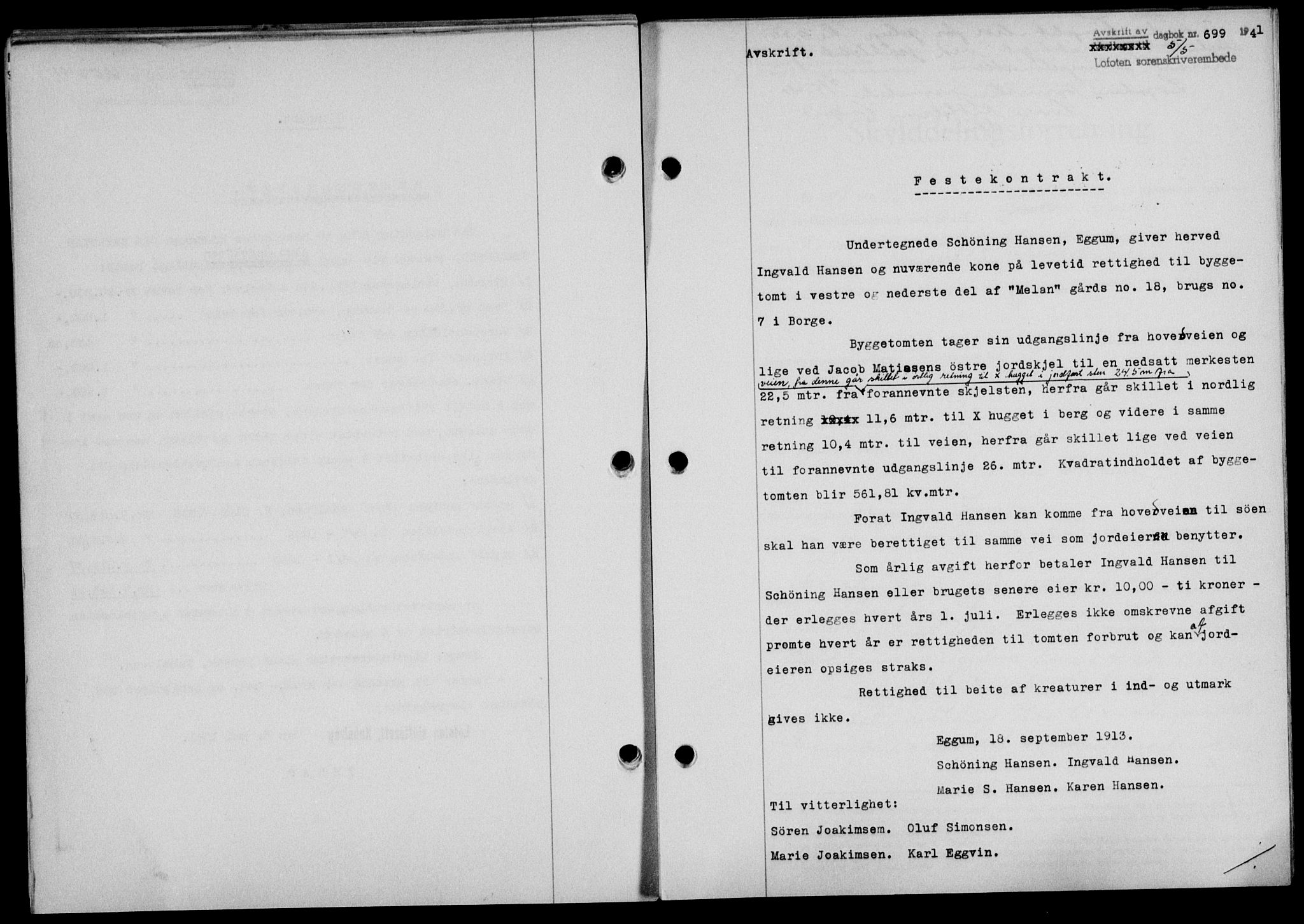 Lofoten sorenskriveri, SAT/A-0017/1/2/2C/L0008a: Mortgage book no. 8a, 1940-1941, Diary no: : 699/1941