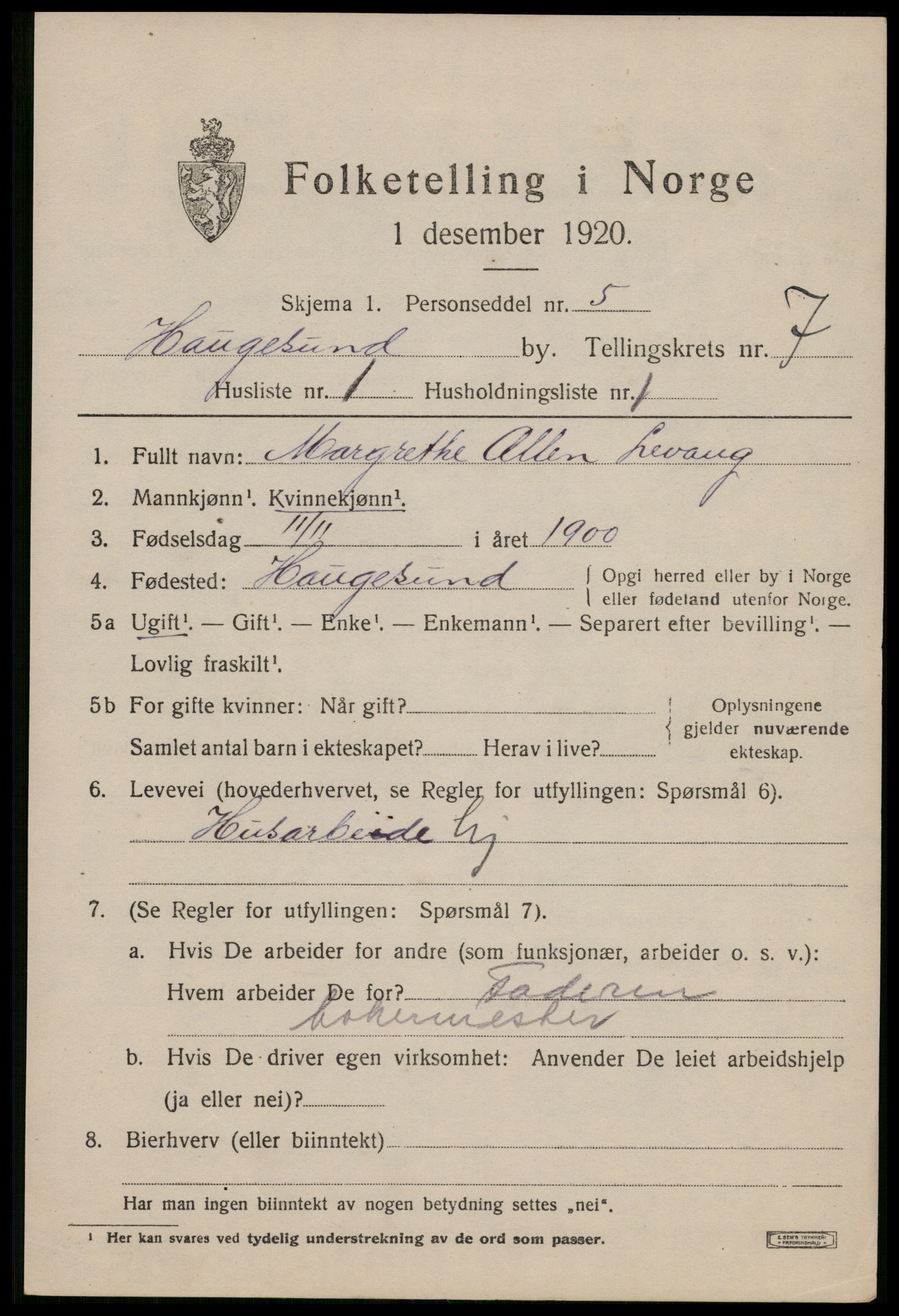 SAST, 1920 census for Haugesund, 1920, p. 25073