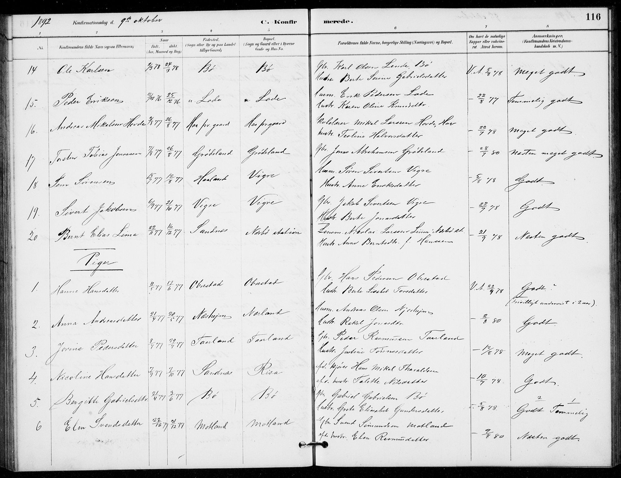 Hå sokneprestkontor, AV/SAST-A-101801/001/30BB/L0003: Parish register (copy) no. B 3, 1883-1894, p. 116