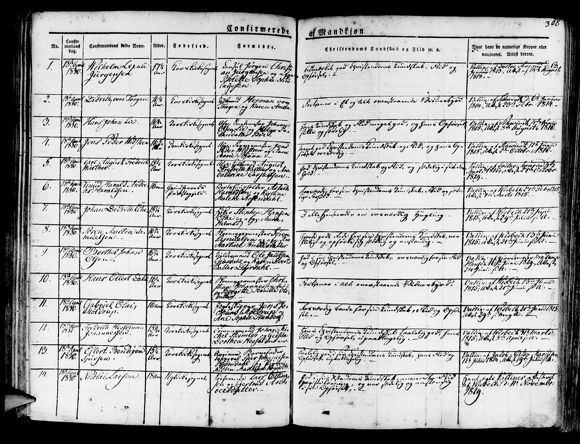 Korskirken sokneprestembete, SAB/A-76101/H/Haa/L0014: Parish register (official) no. A 14, 1823-1835, p. 308