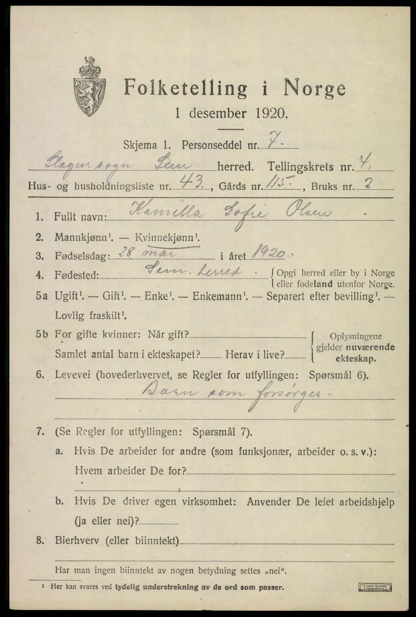 SAKO, 1920 census for Sem, 1920, p. 7551