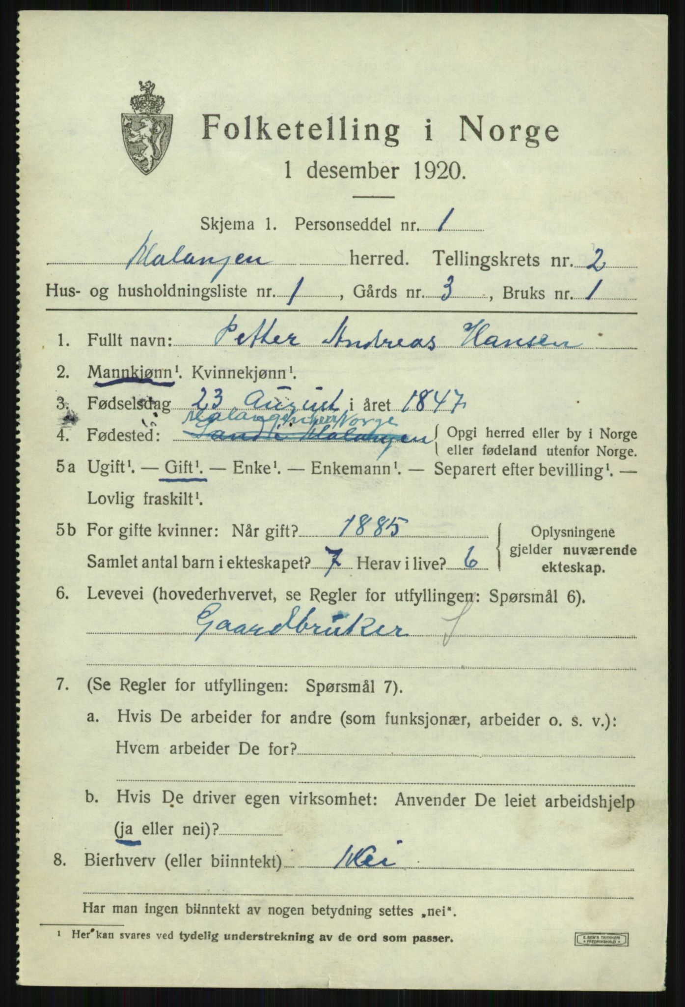 SATØ, 1920 census for Malangen, 1920, p. 813