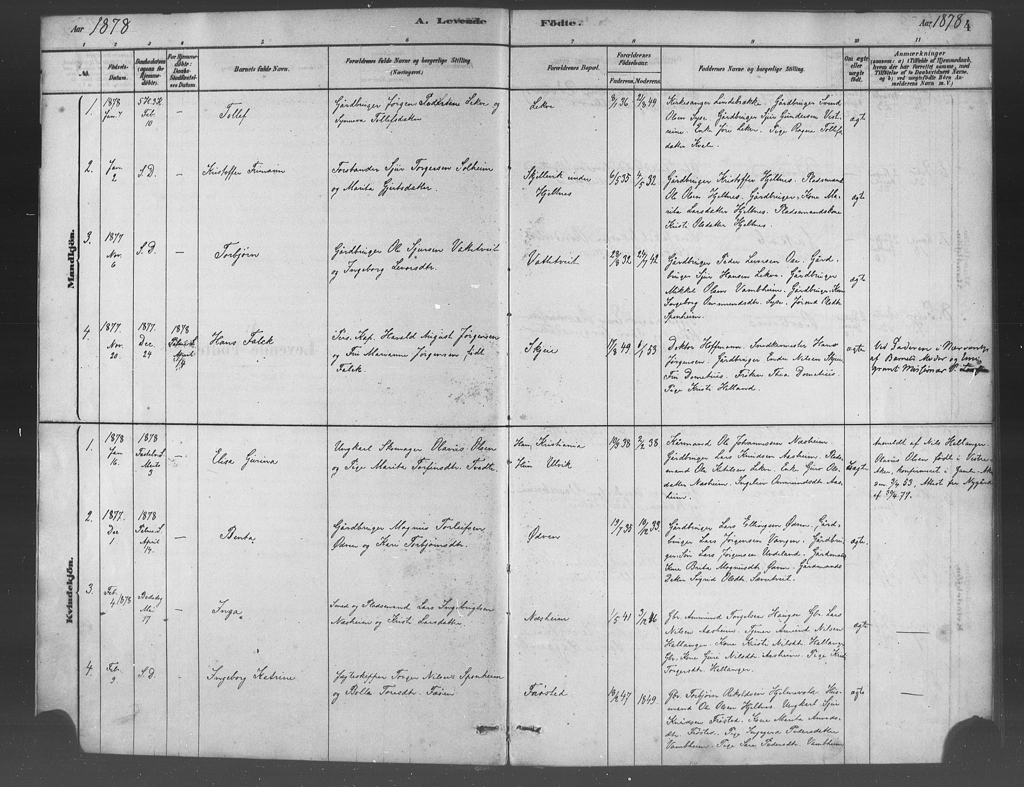 Ulvik sokneprestembete, SAB/A-78801/H/Haa: Parish register (official) no. B 1, 1878-1897, p. 4