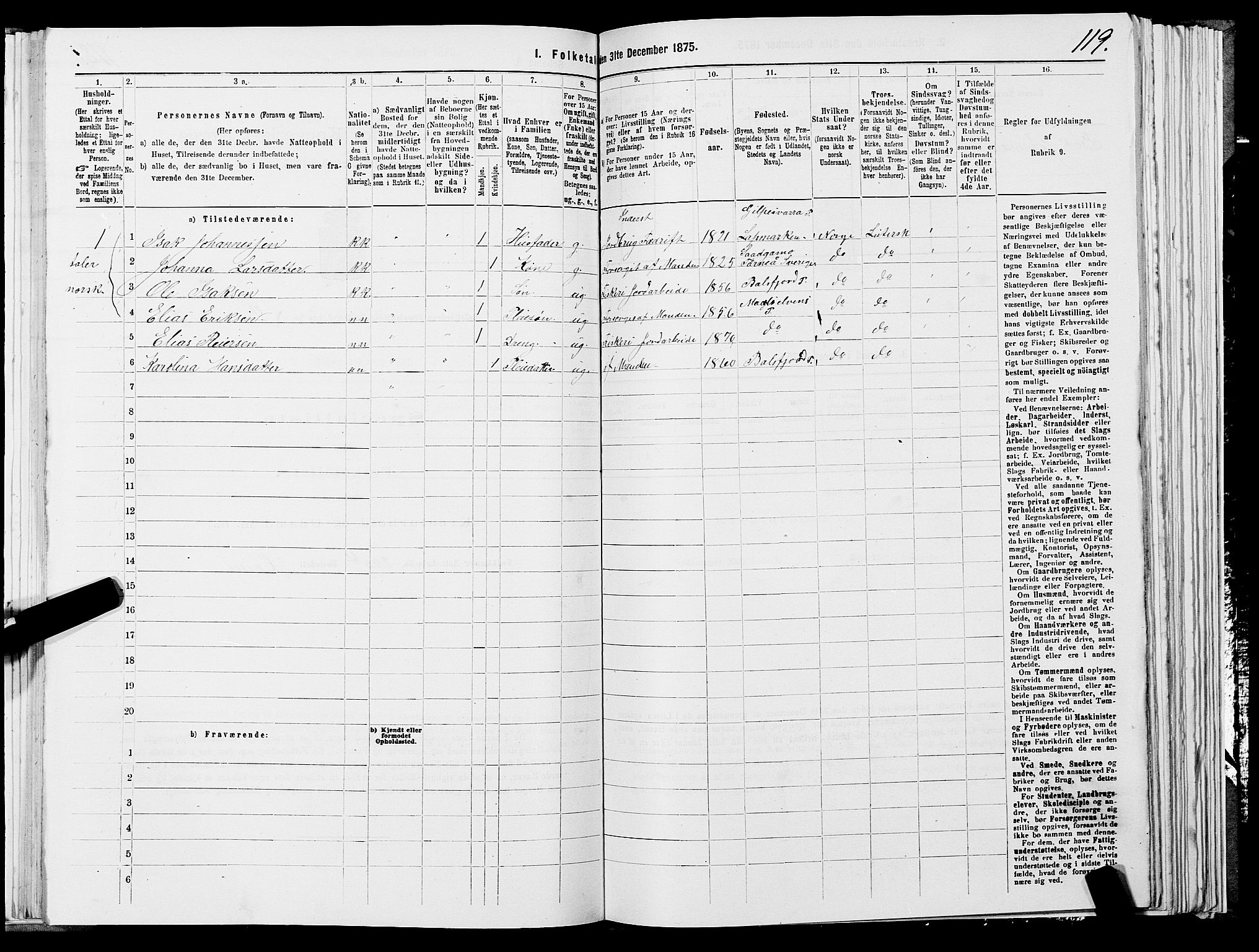 SATØ, 1875 census for 1933P Balsfjord, 1875, p. 1119