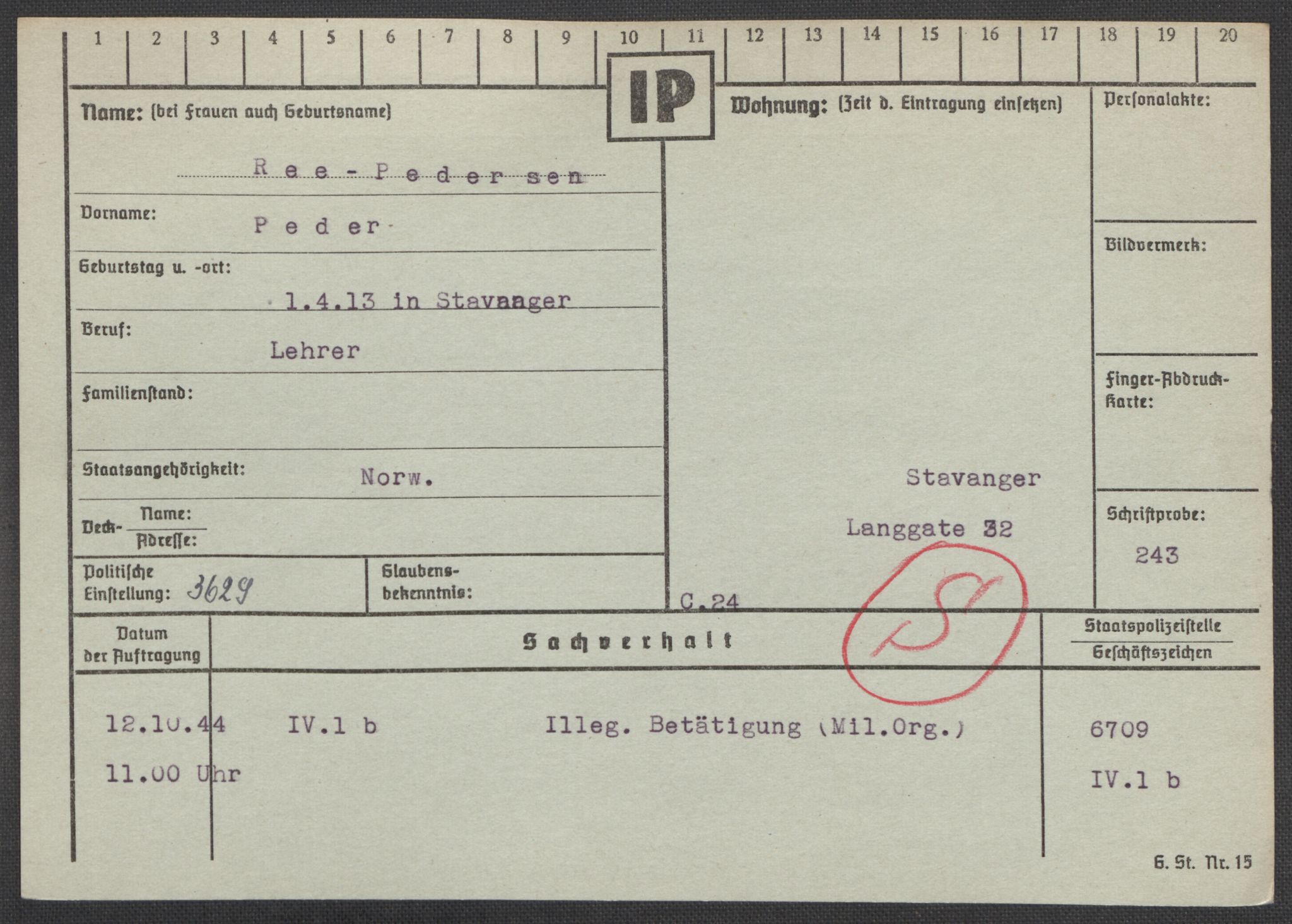 Befehlshaber der Sicherheitspolizei und des SD, AV/RA-RAFA-5969/E/Ea/Eaa/L0008: Register over norske fanger i Møllergata 19: Oelze-Ru, 1940-1945, p. 1092