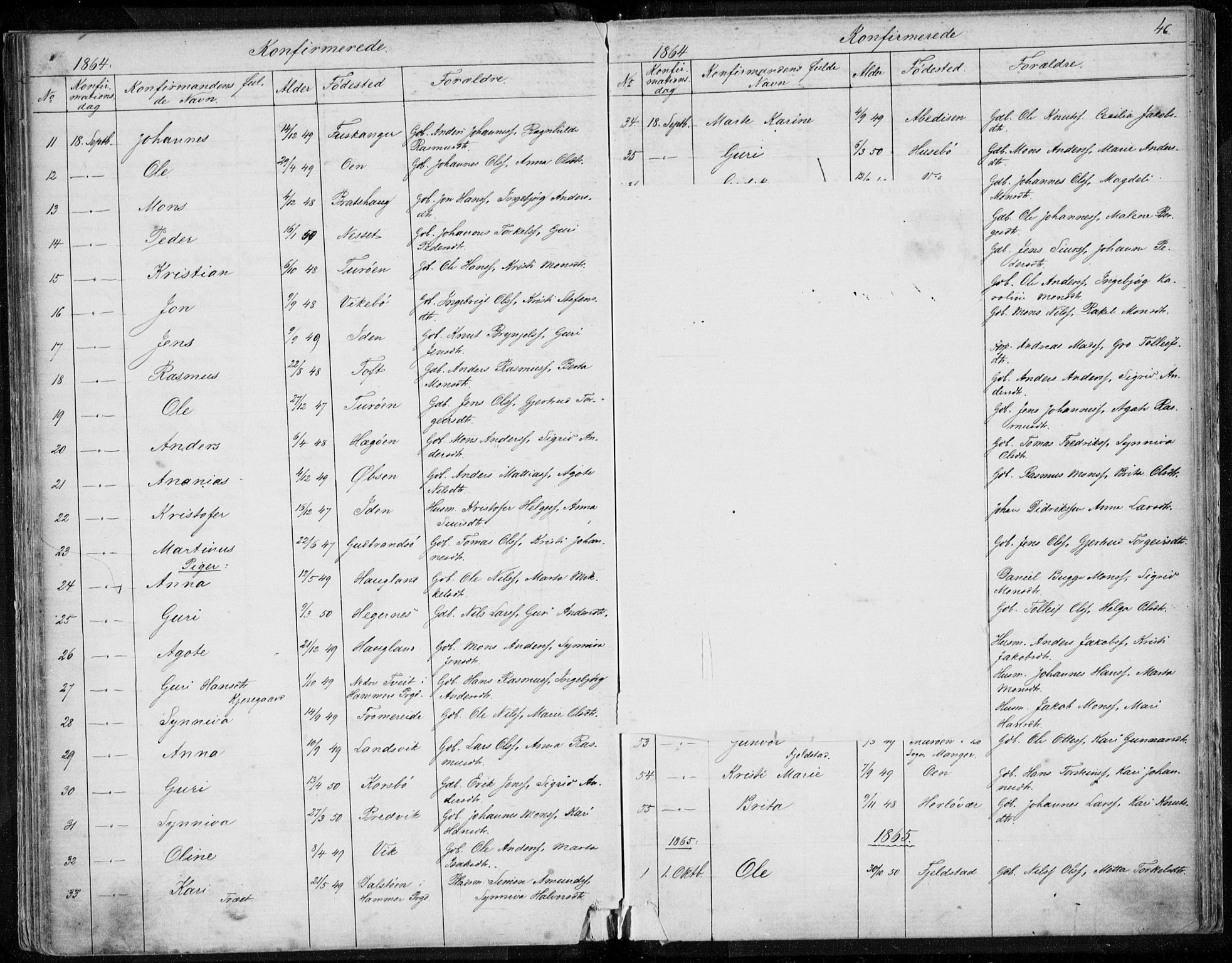 Herdla Sokneprestembete, AV/SAB-A-75701/H/Haa: Parish register (official) no. A 1, 1855-1869, p. 46