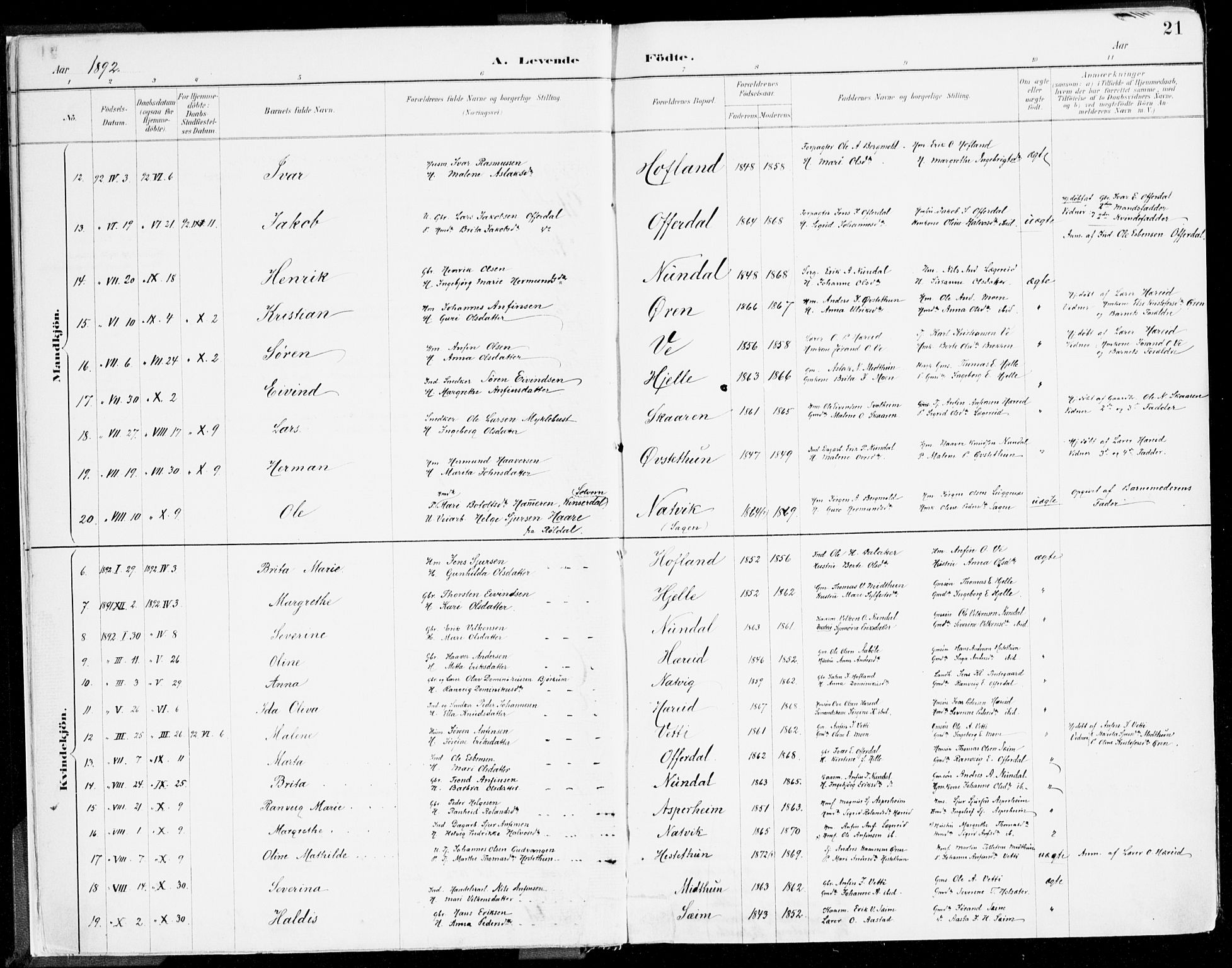 Årdal sokneprestembete, SAB/A-81701: Parish register (official) no. A 5, 1887-1917, p. 21