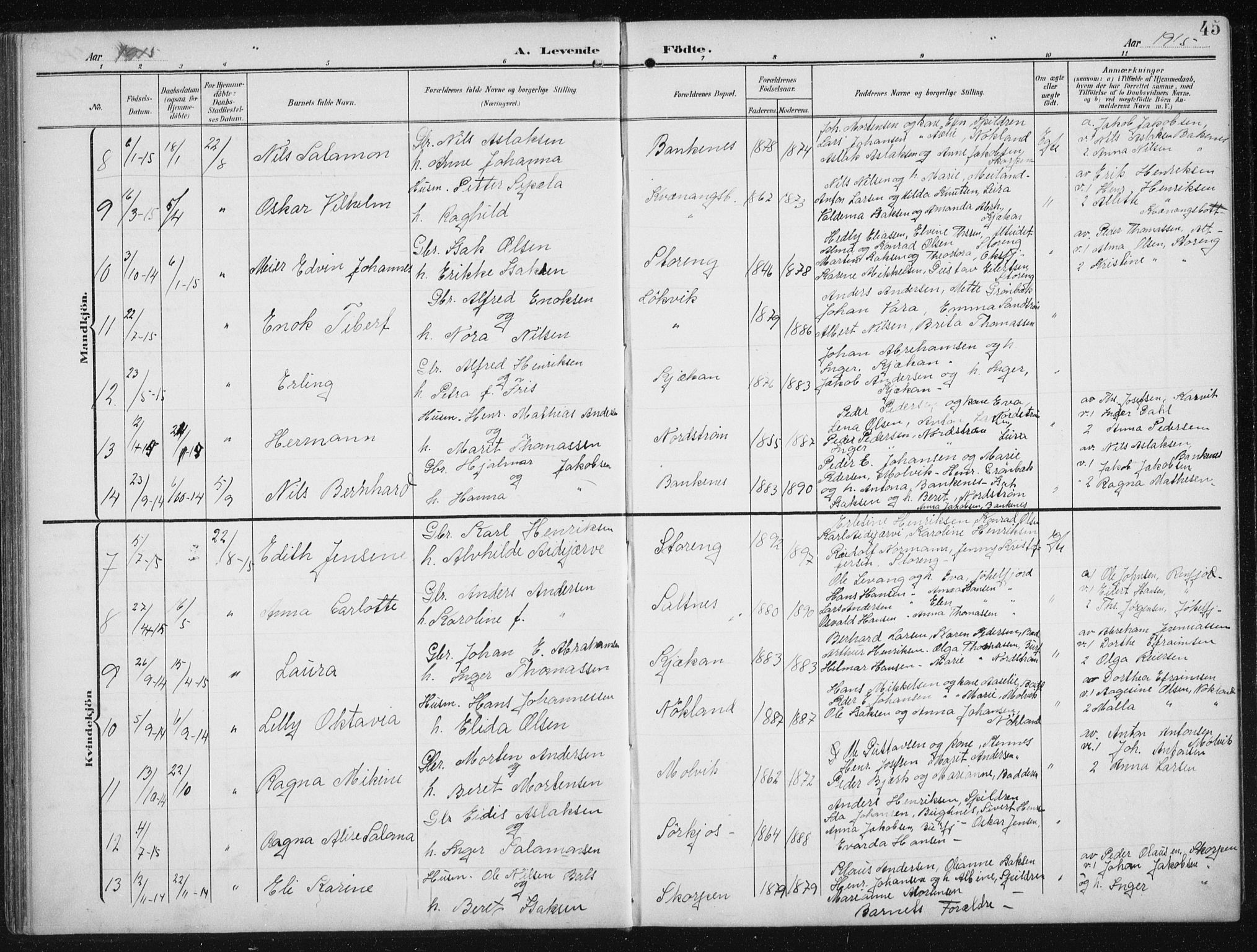 Skjervøy sokneprestkontor, AV/SATØ-S-1300/H/Ha/Hab/L0017klokker: Parish register (copy) no. 17, 1906-1941, p. 45