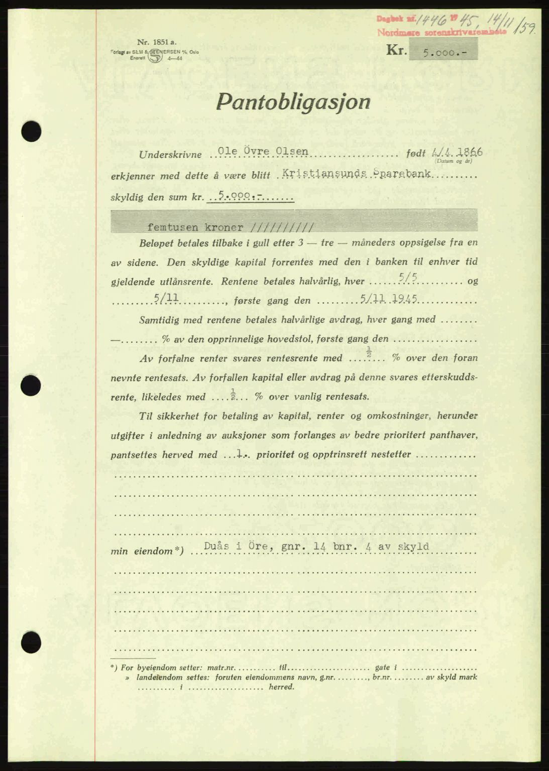 Nordmøre sorenskriveri, AV/SAT-A-4132/1/2/2Ca: Mortgage book no. B93a, 1945-1945, Diary no: : 1446/1945