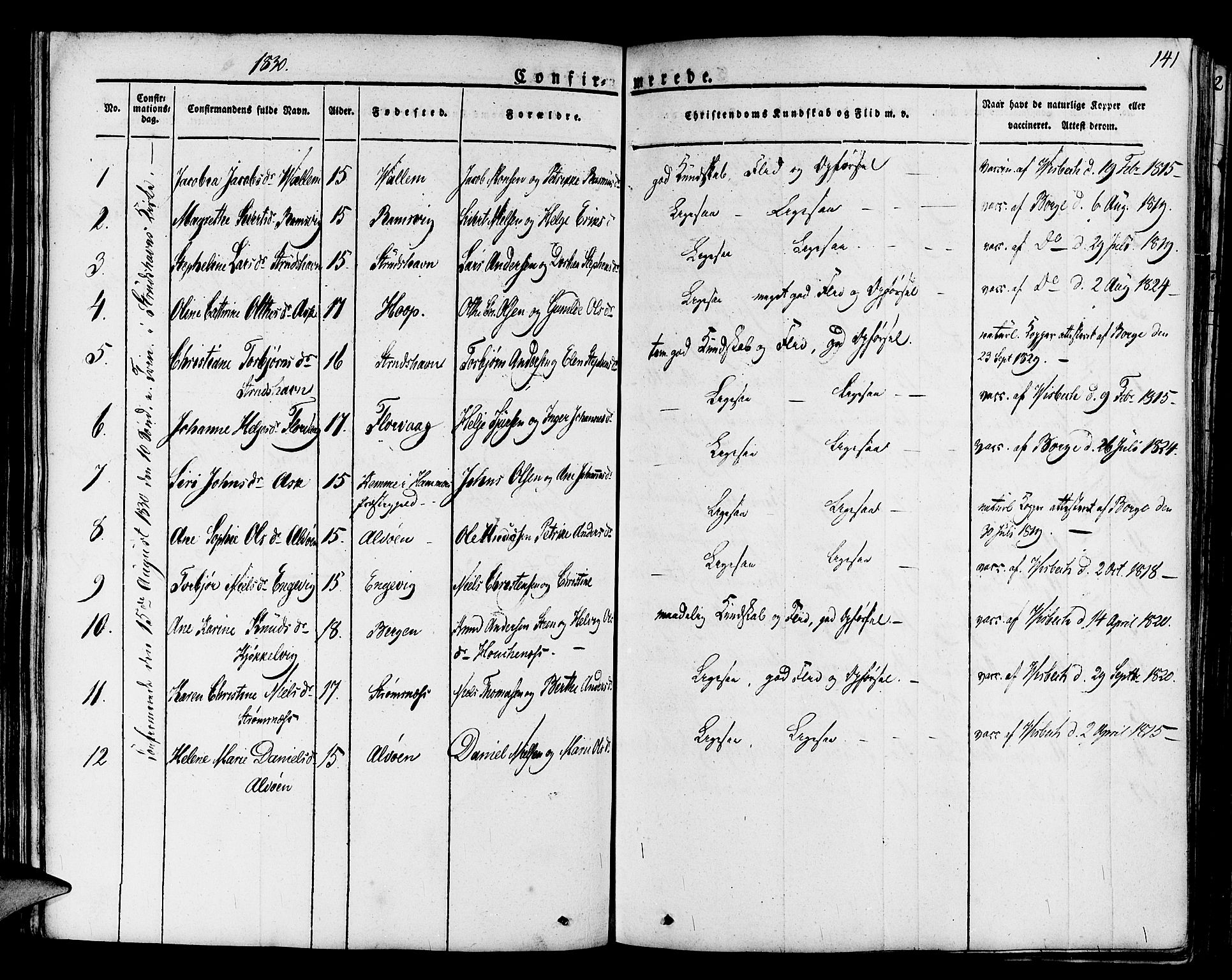 Askøy Sokneprestembete, SAB/A-74101/H/Ha/Haa/Haaa/L0004: Parish register (official) no. A 4, 1825-1845, p. 141