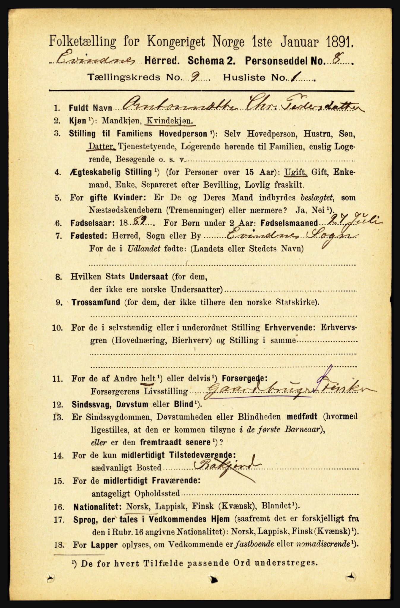 RA, 1891 census for 1853 Evenes, 1891, p. 2810