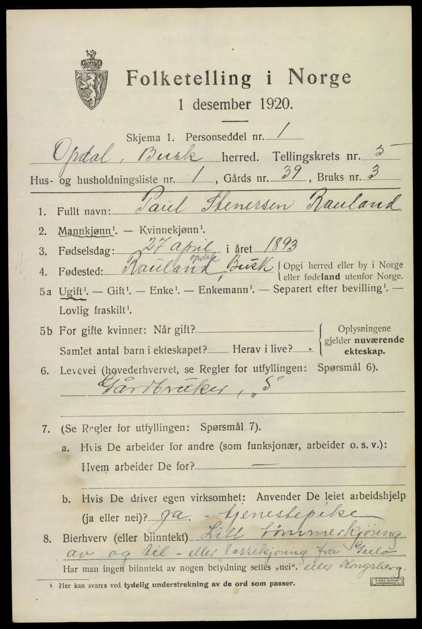 SAKO, 1920 census for Uvdal, 1920, p. 2311