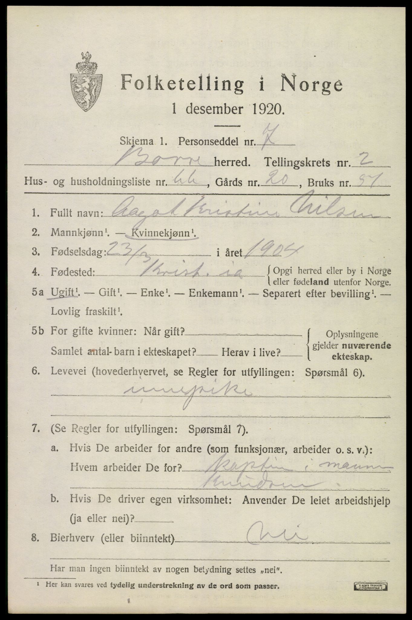 SAKO, 1920 census for Borre, 1920, p. 4942