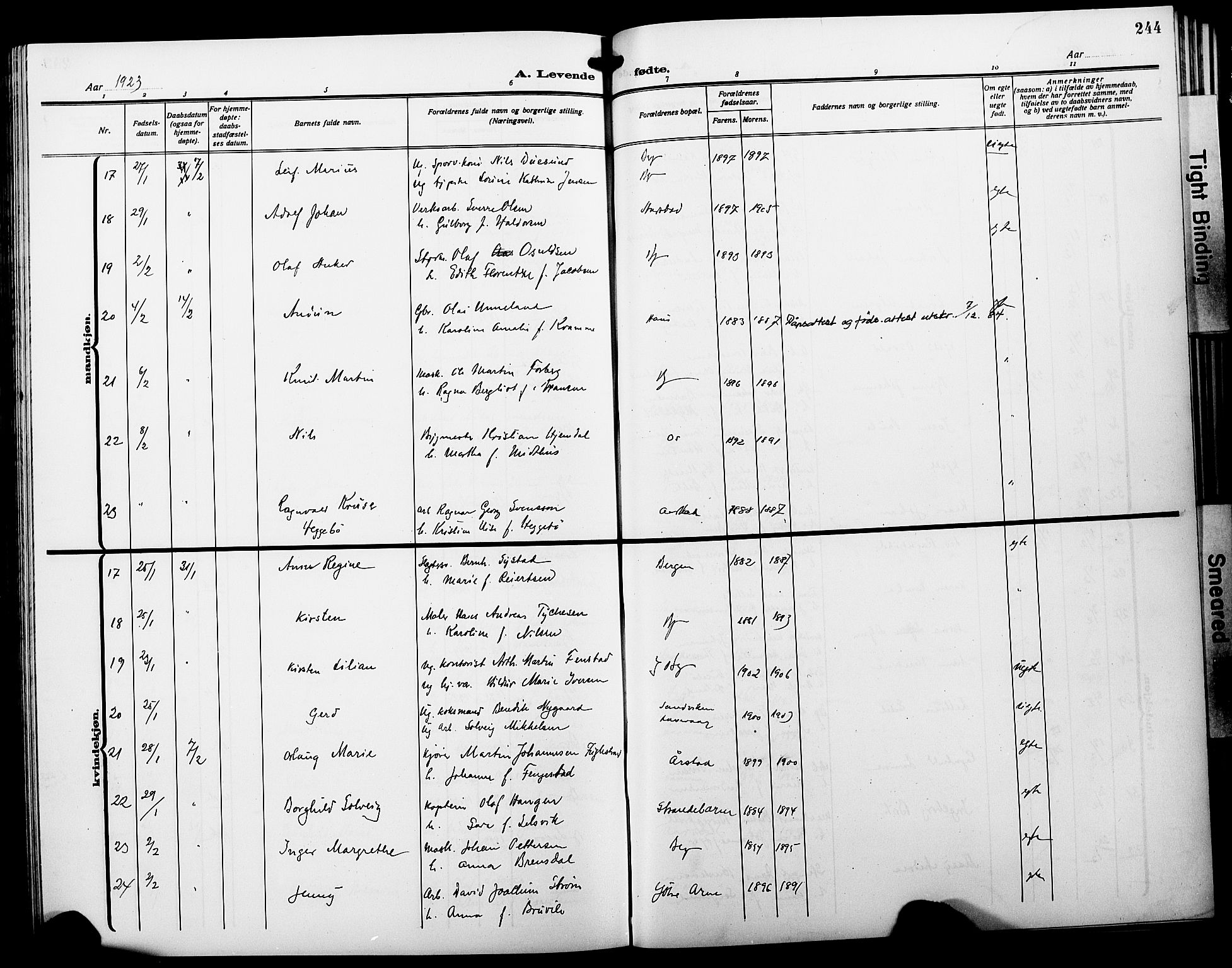 Fødselsstiftelsens sokneprestembete*, SAB/-: Parish register (copy) no. A 3, 1916-1925, p. 244