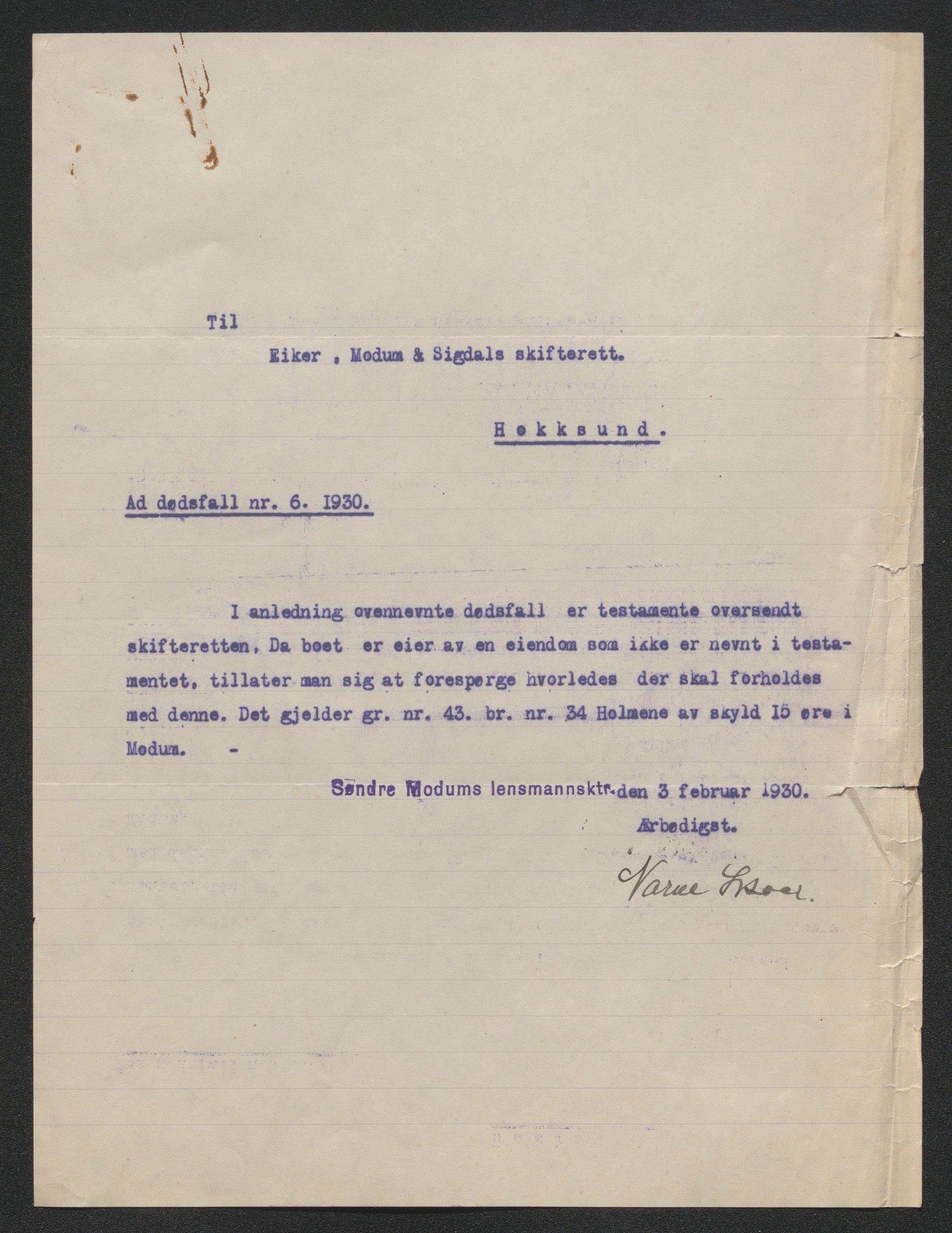 Eiker, Modum og Sigdal sorenskriveri, AV/SAKO-A-123/H/Ha/Hab/L0046: Dødsfallsmeldinger, 1930-1931, p. 46