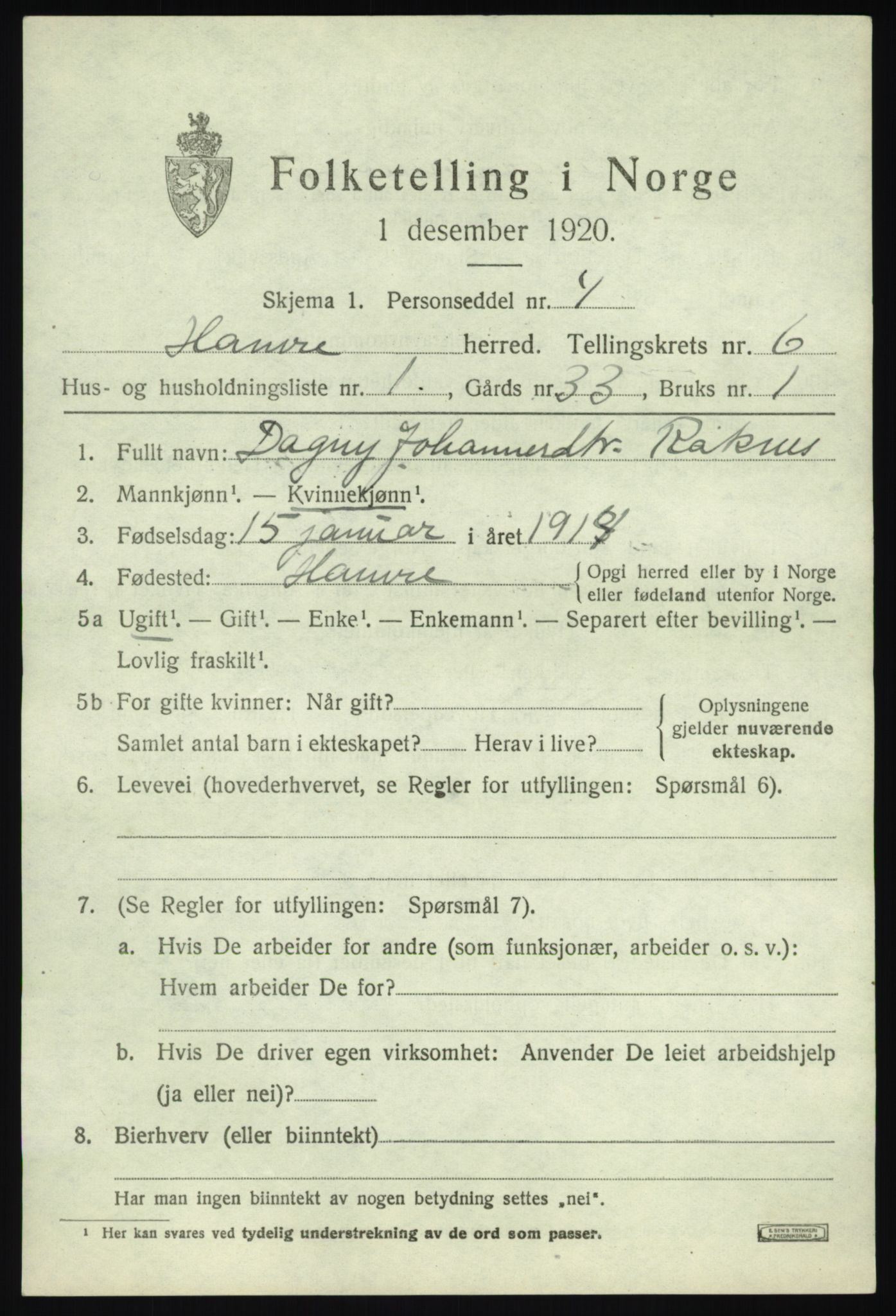 SAB, 1920 census for Hamre, 1920, p. 3455
