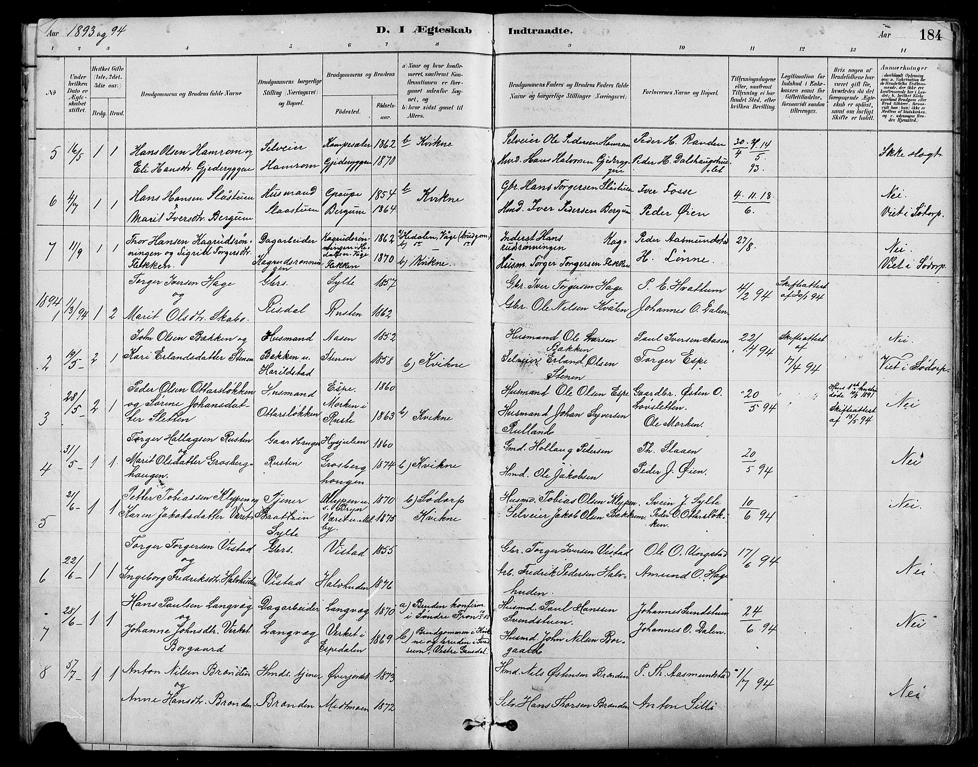 Nord-Fron prestekontor, SAH/PREST-080/H/Ha/Hab/L0005: Parish register (copy) no. 5, 1884-1914, p. 184