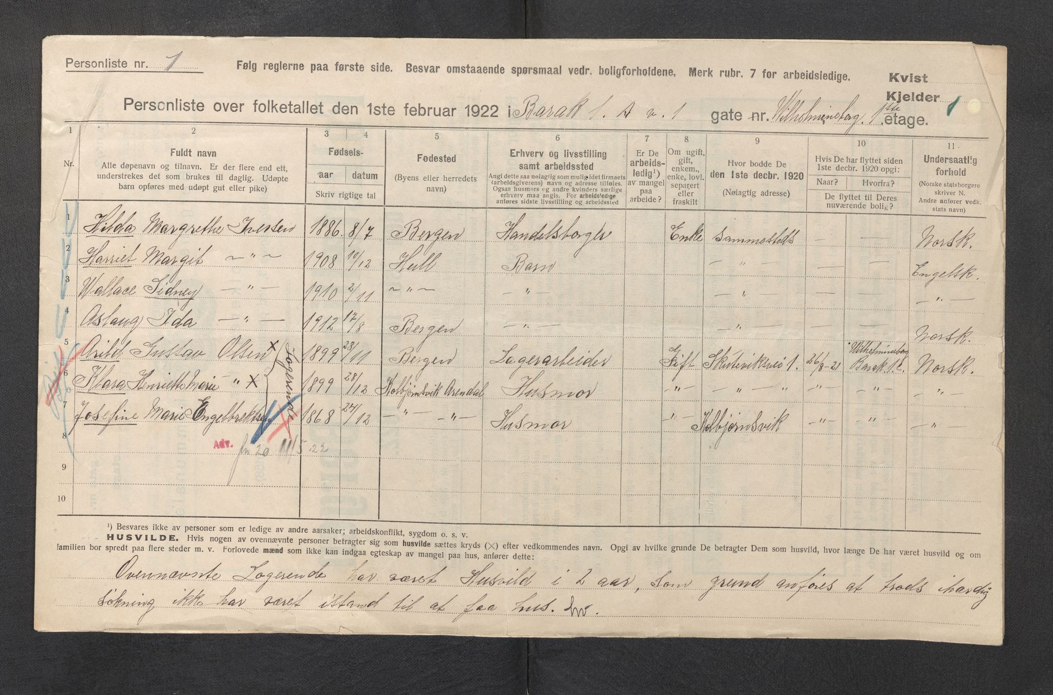 SAB, Municipal Census 1922 for Bergen, 1922, p. 47804