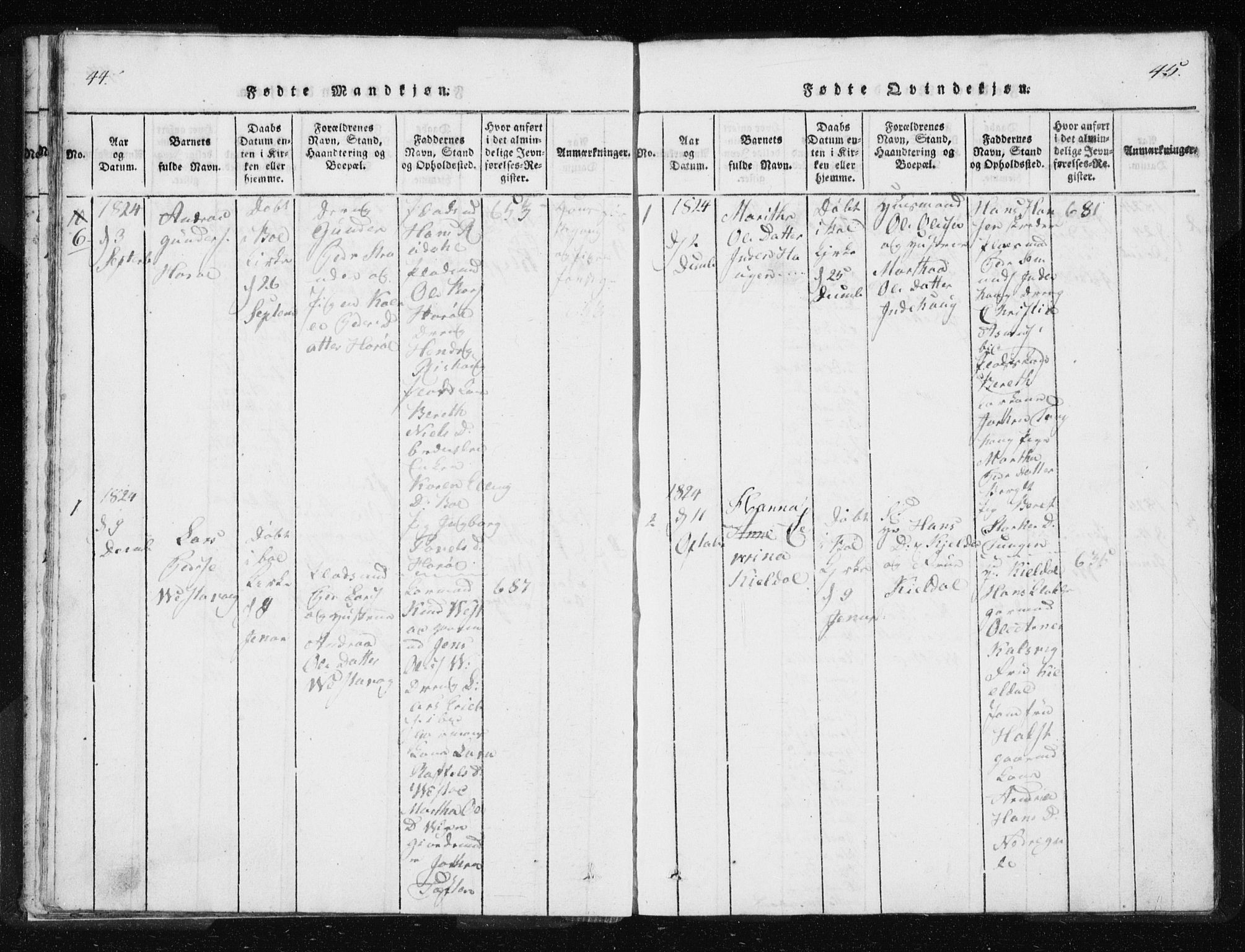 Ministerialprotokoller, klokkerbøker og fødselsregistre - Møre og Romsdal, AV/SAT-A-1454/566/L0772: Parish register (copy) no. 566C01, 1818-1845, p. 44-45