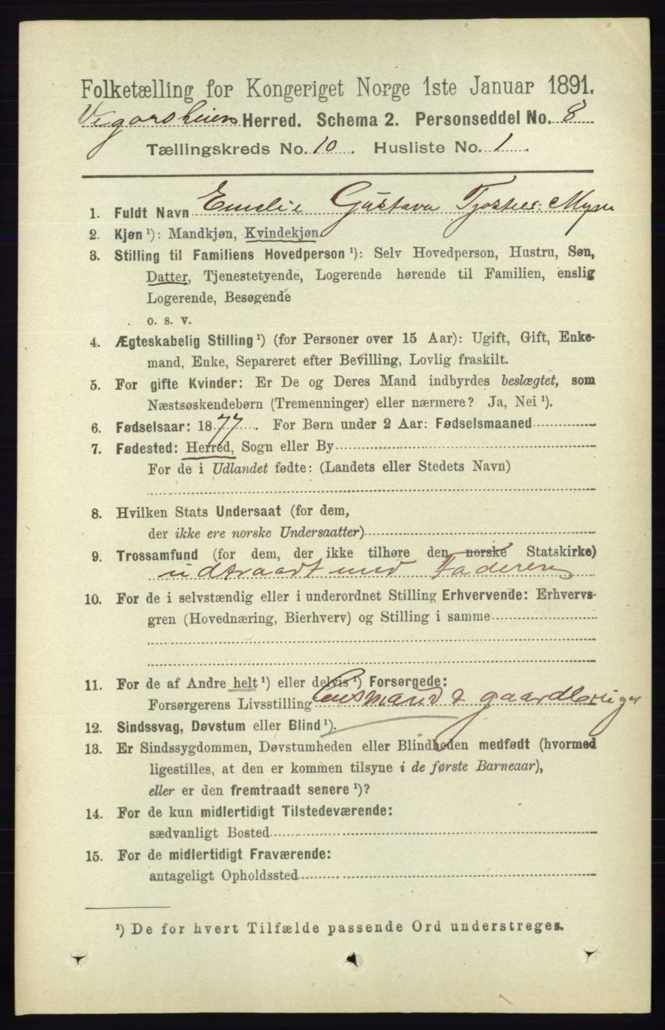 RA, 1891 census for 0912 Vegårshei, 1891, p. 1915