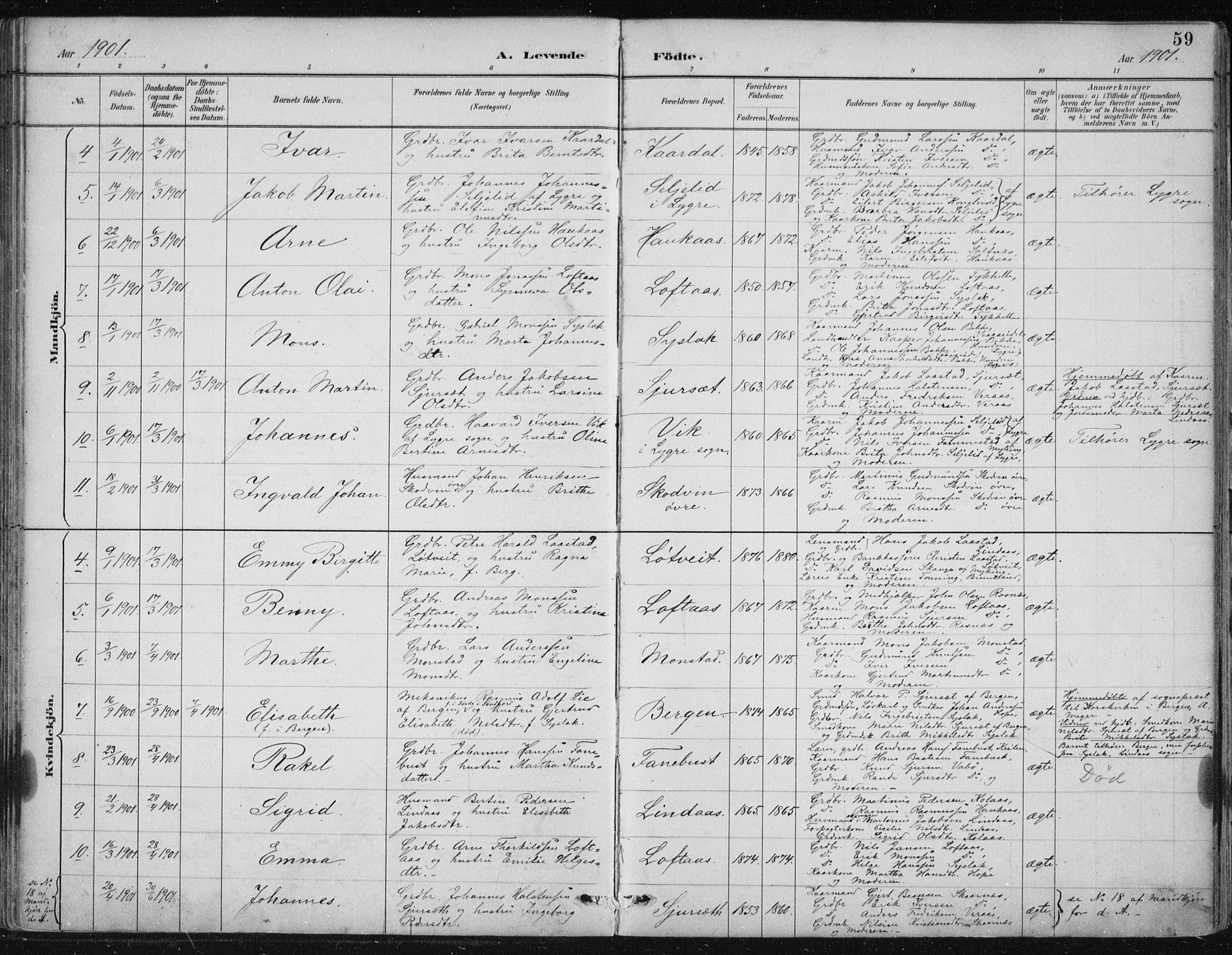 Lindås Sokneprestembete, SAB/A-76701/H/Hab: Parish register (copy) no. B 3, 1886-1914, p. 59