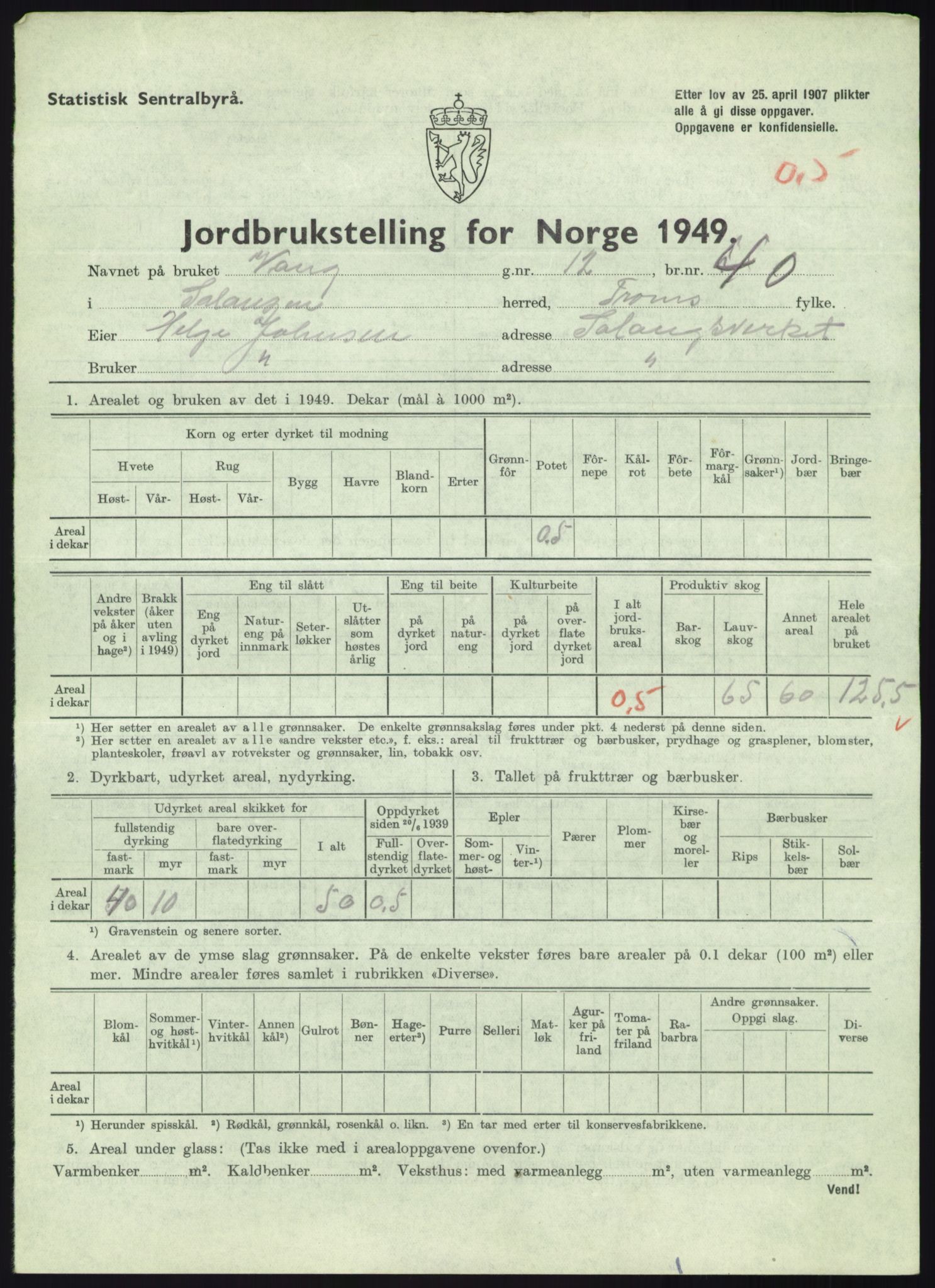 Statistisk sentralbyrå, Næringsøkonomiske emner, Jordbruk, skogbruk, jakt, fiske og fangst, AV/RA-S-2234/G/Gc/L0438: Troms: Salangen og Bardu, 1949, p. 38