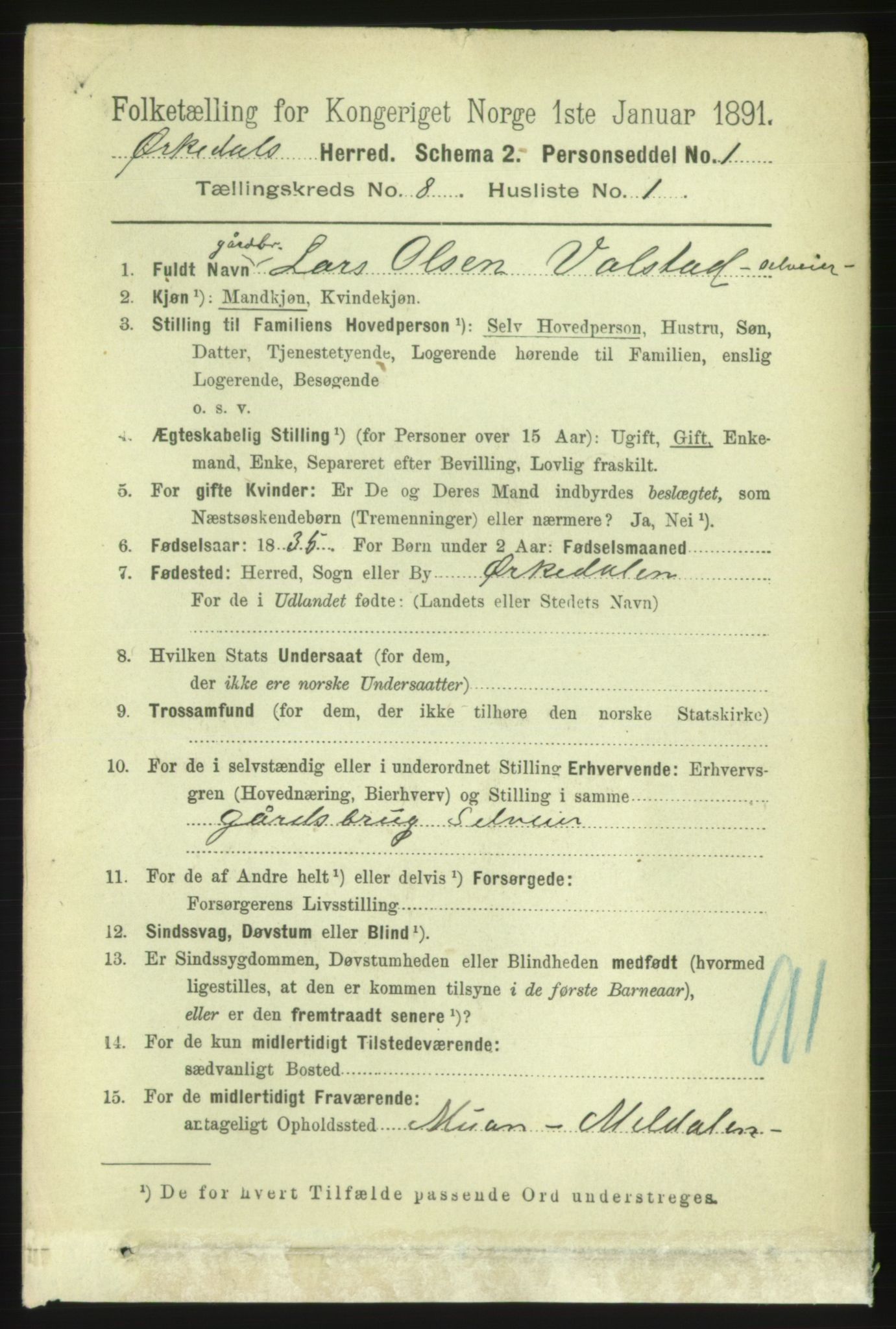 RA, 1891 census for 1638 Orkdal, 1891, p. 3870