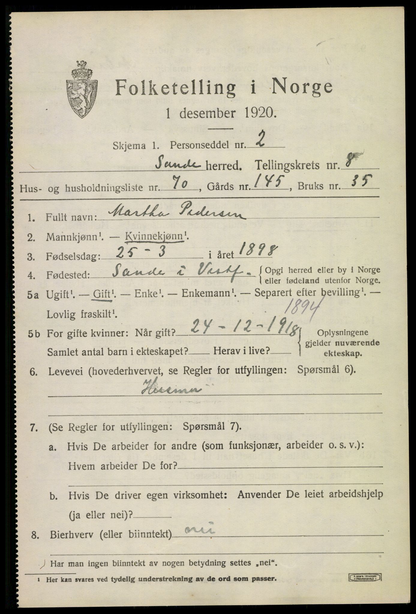 SAKO, 1920 census for Sande, 1920, p. 9802