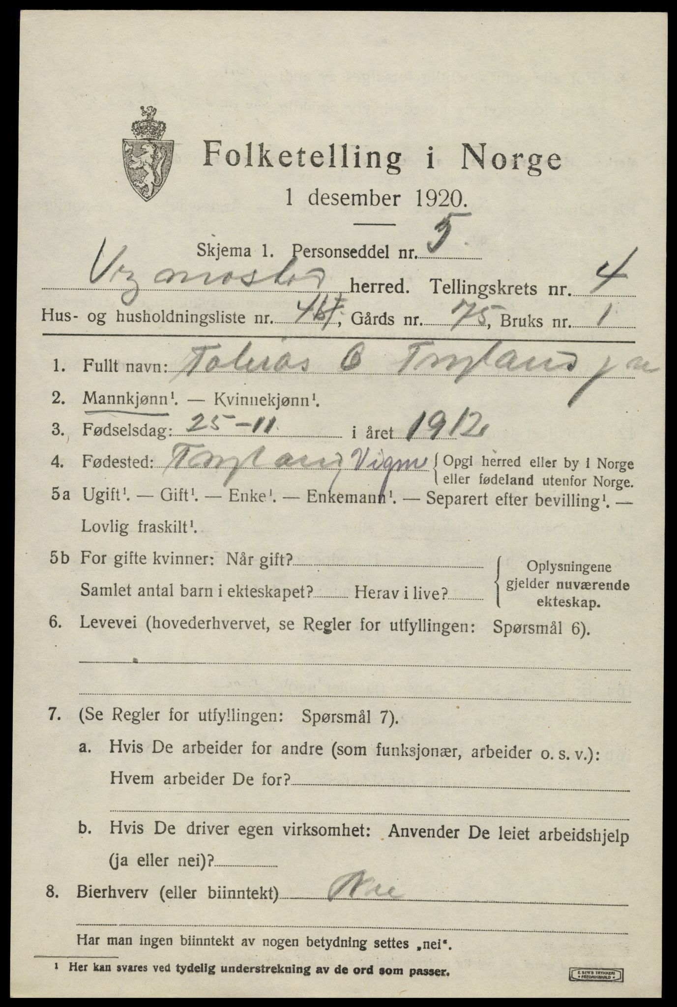 SAK, 1920 census for Vigmostad, 1920, p. 1633