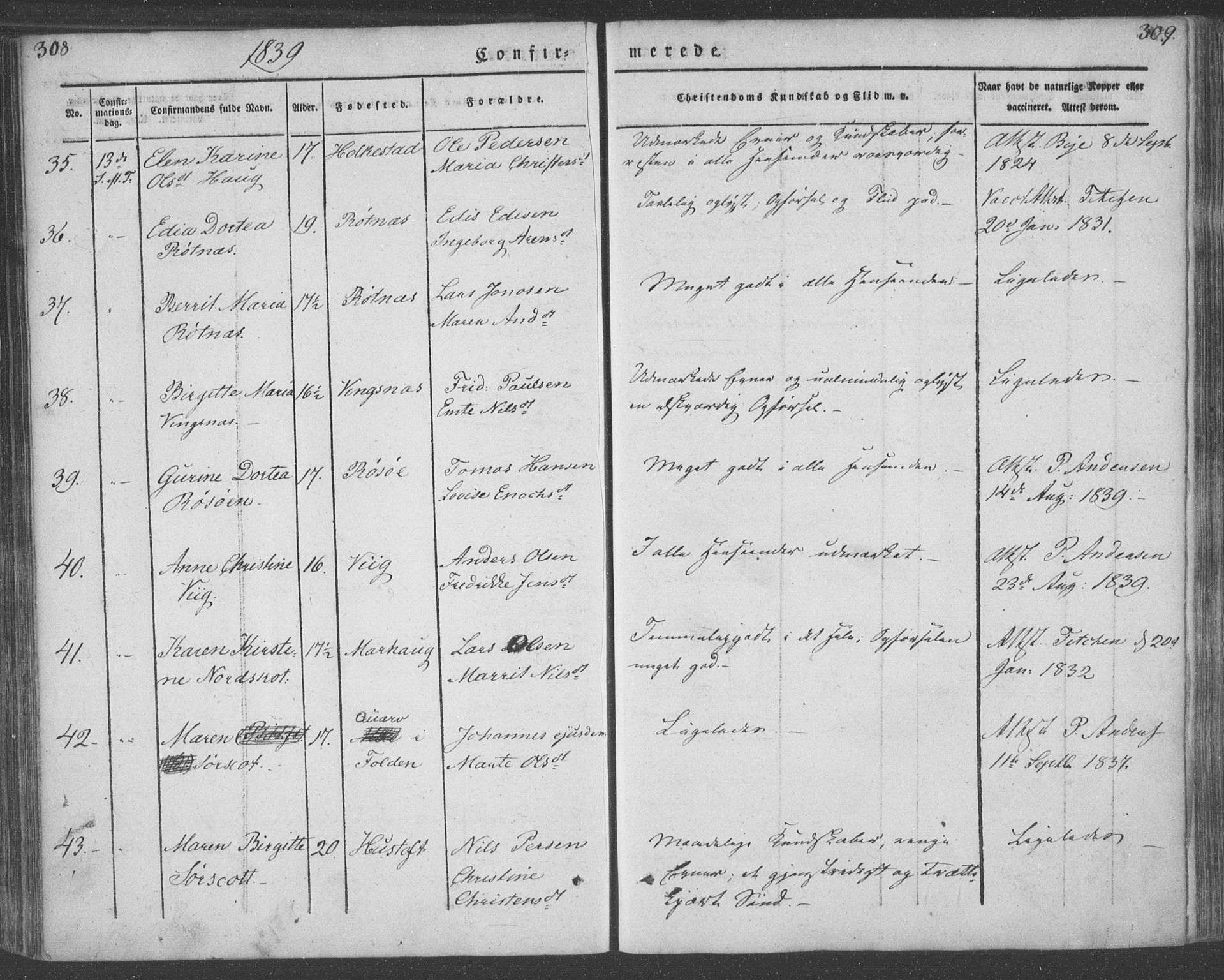 Ministerialprotokoller, klokkerbøker og fødselsregistre - Nordland, AV/SAT-A-1459/855/L0799: Parish register (official) no. 855A07, 1834-1852, p. 308-309