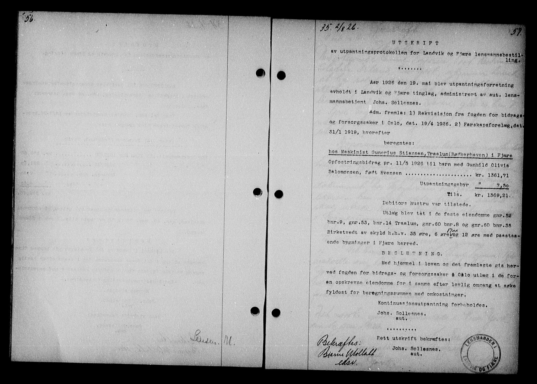 Vestre Nedenes/Sand sorenskriveri, AV/SAK-1221-0010/G/Gb/Gba/L0036: Mortgage book no. 62, 1926-1928, p. 56-57