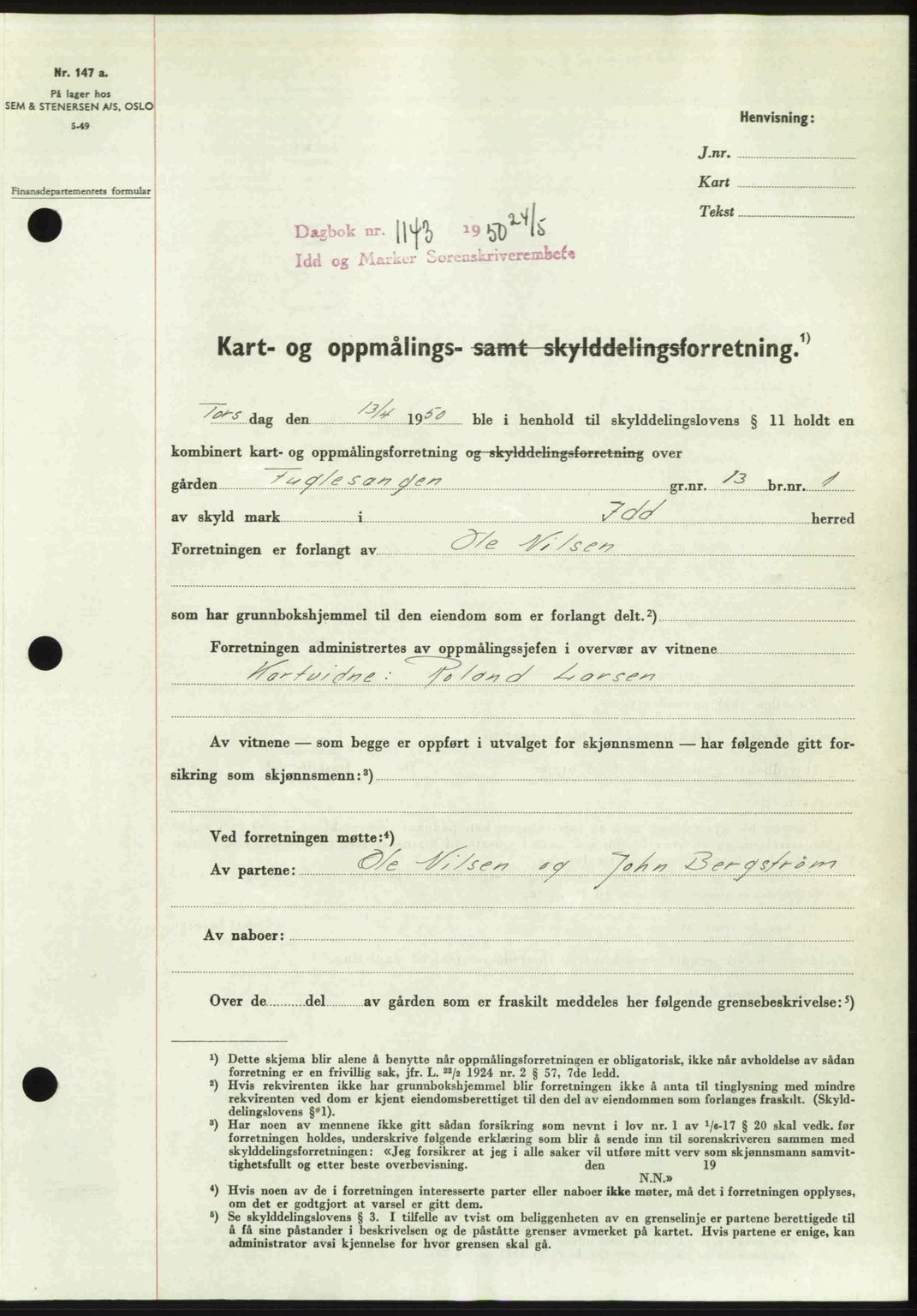 Idd og Marker sorenskriveri, AV/SAO-A-10283/G/Gb/Gbb/L0014: Mortgage book no. A14, 1950-1950, Diary no: : 1143/1950