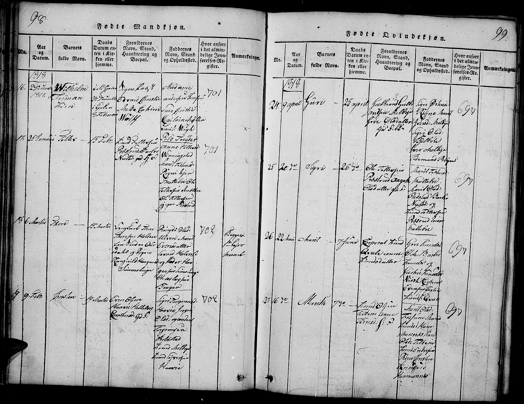 Slidre prestekontor, SAH/PREST-134/H/Ha/Haa/L0002: Parish register (official) no. 2, 1814-1830, p. 98-99
