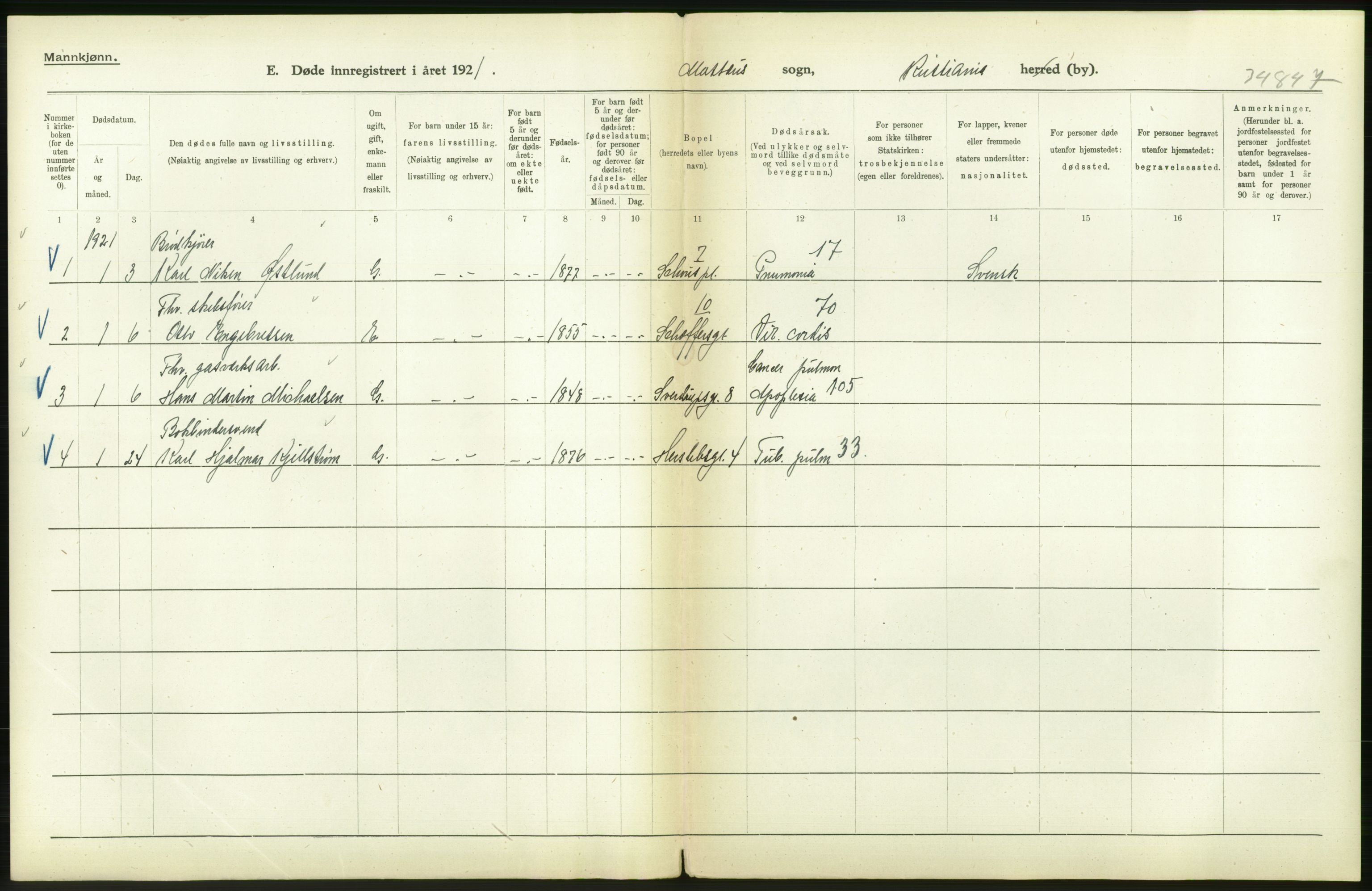 Statistisk sentralbyrå, Sosiodemografiske emner, Befolkning, RA/S-2228/D/Df/Dfc/Dfca/L0013: Kristiania: Døde, dødfødte, 1921, p. 510